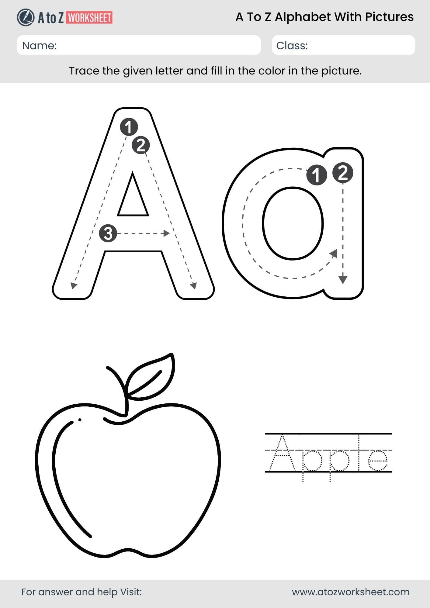 letter a tracing alphabet a to z worksheets with pictures