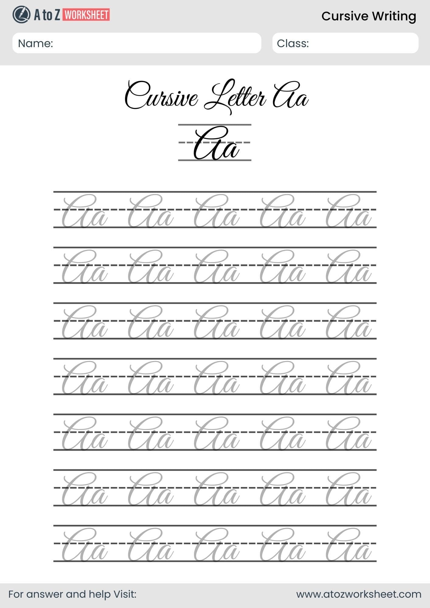 letter a cursive writing a to z worksheets​