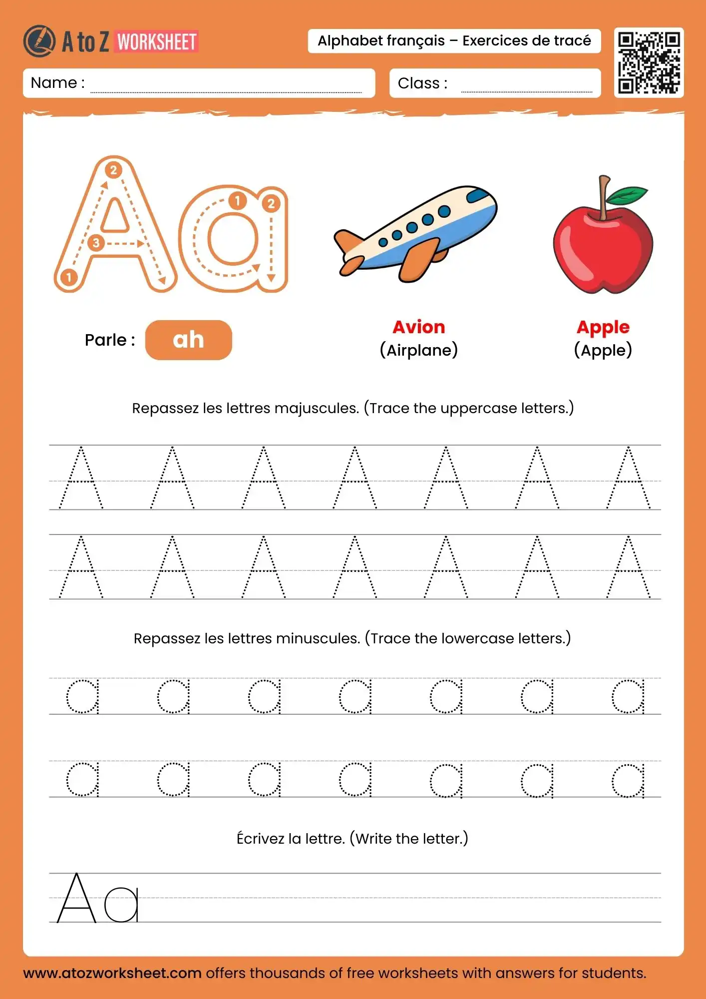 french alphabet tracing worksheets for letter a