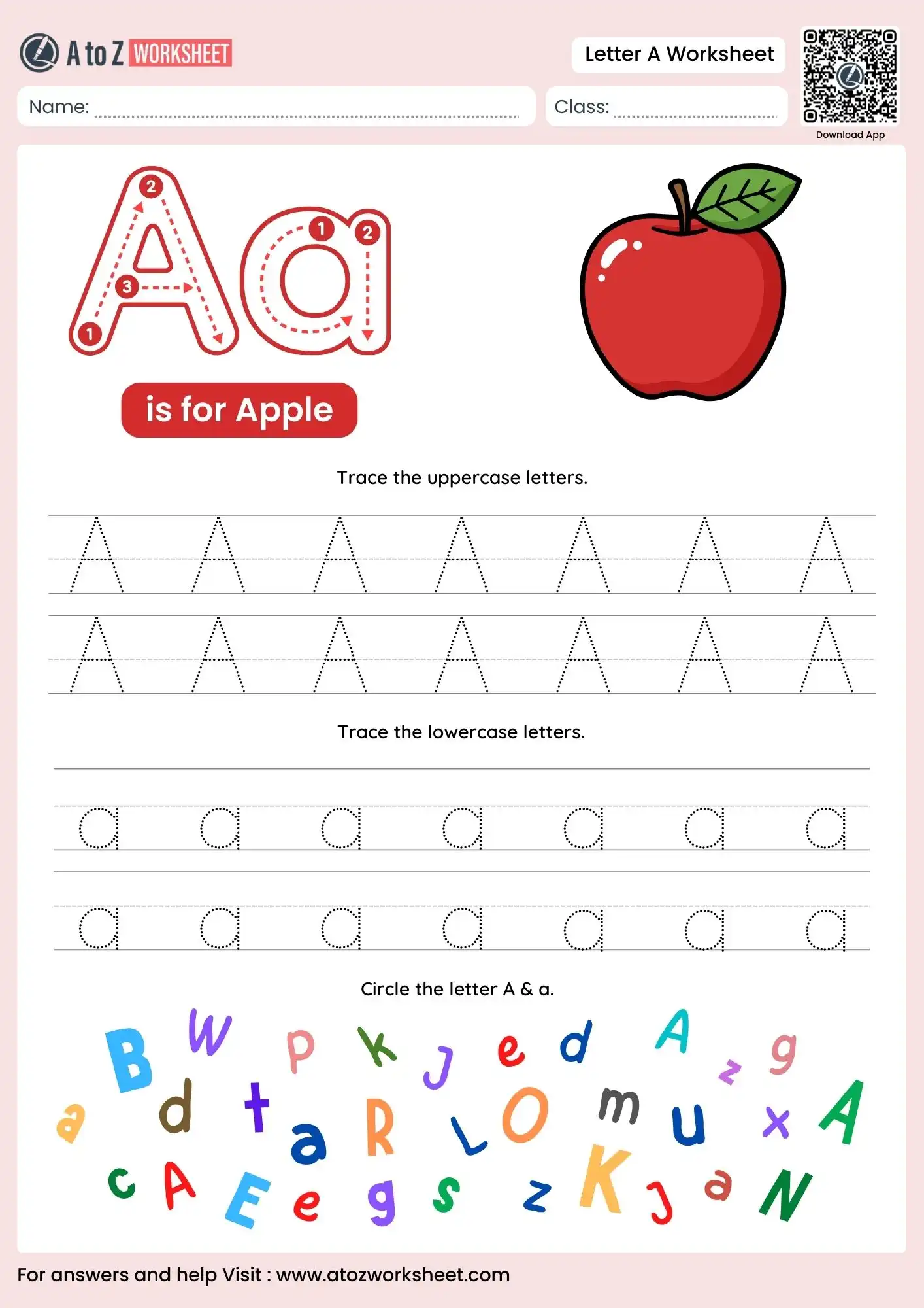 letter a worksheets for kindergarten featuring apple and tracing lines