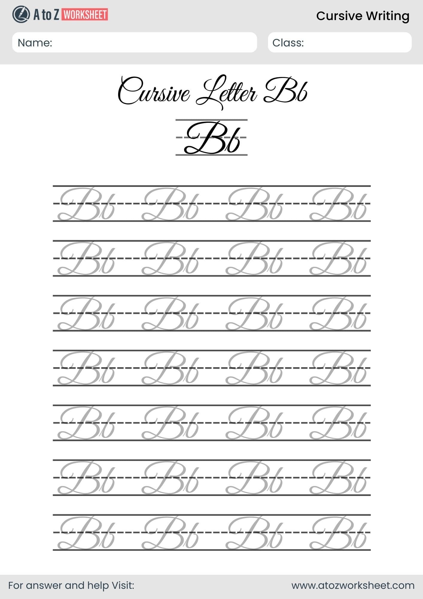 letter b cursive writing a to z worksheets​