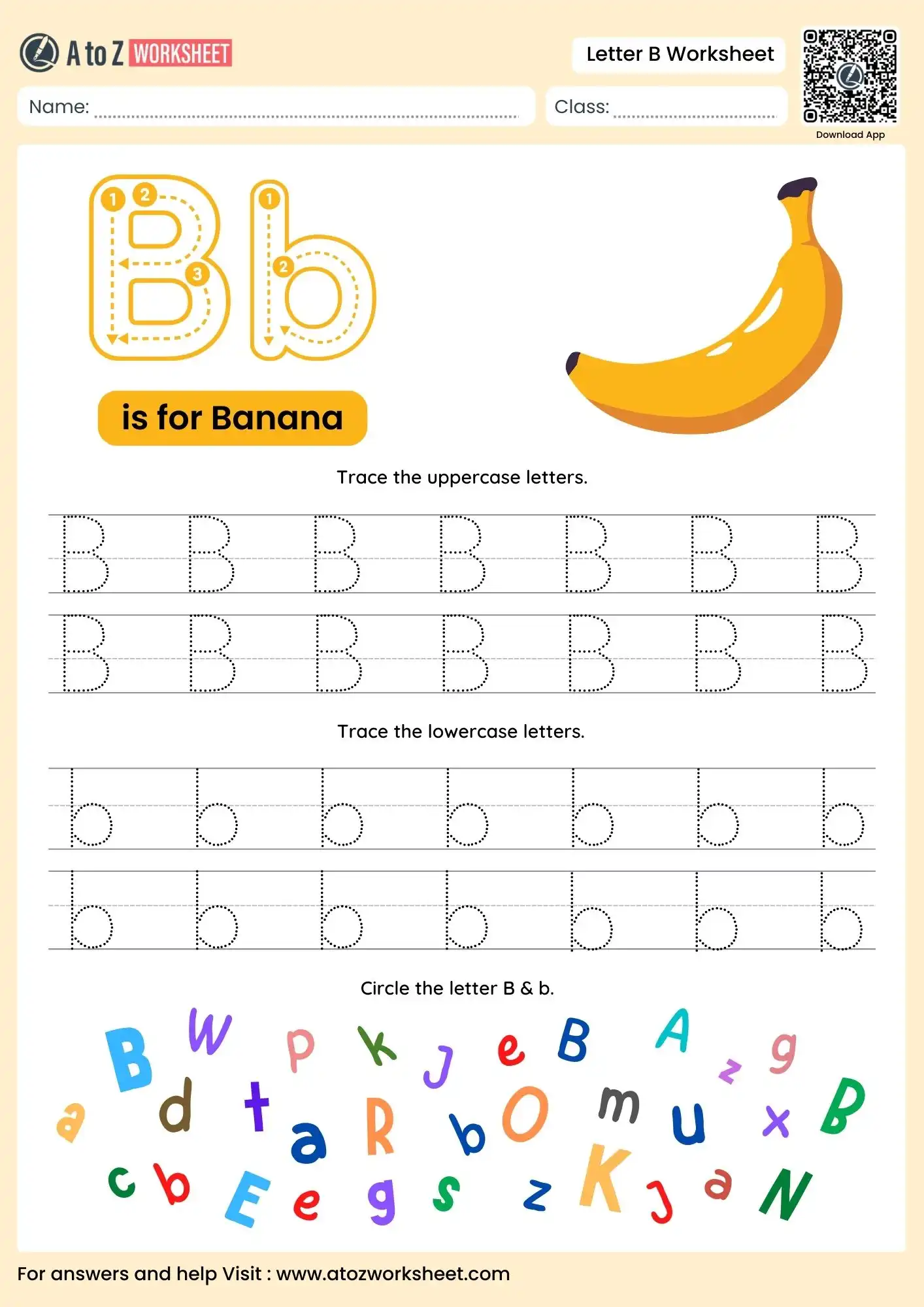 letter b worksheets for kindergarten with banana and alphabet search