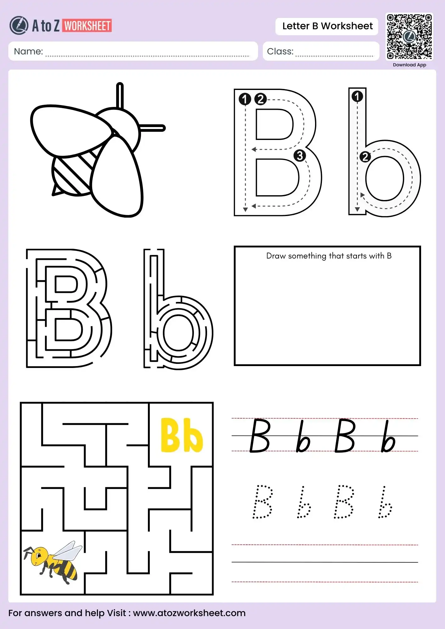 letter b worksheets with maze and drawing activities for kindergarten