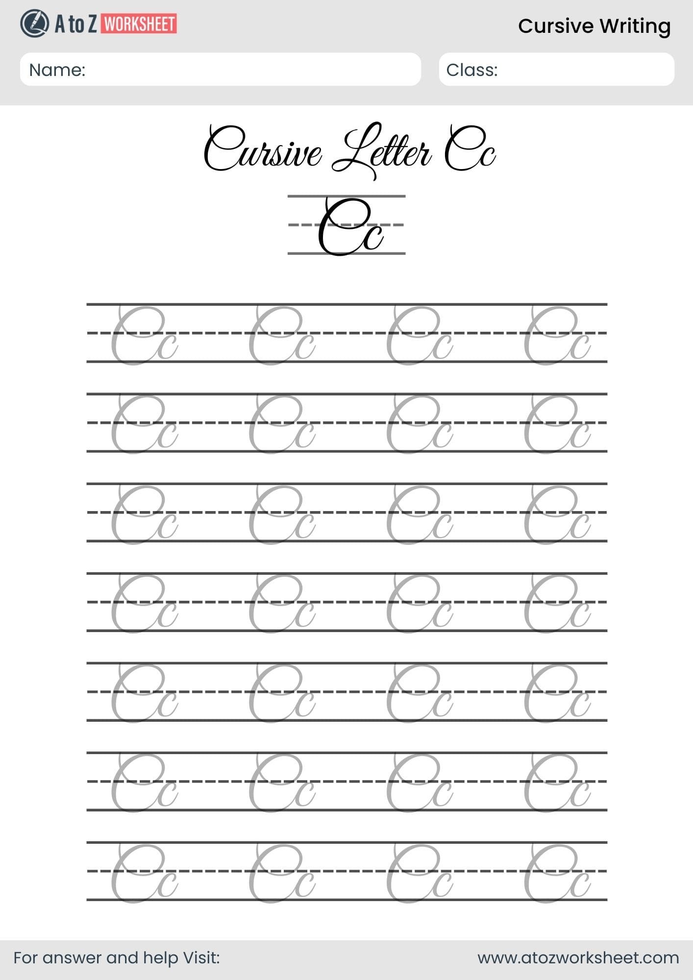 letter c cursive writing a to z worksheets​