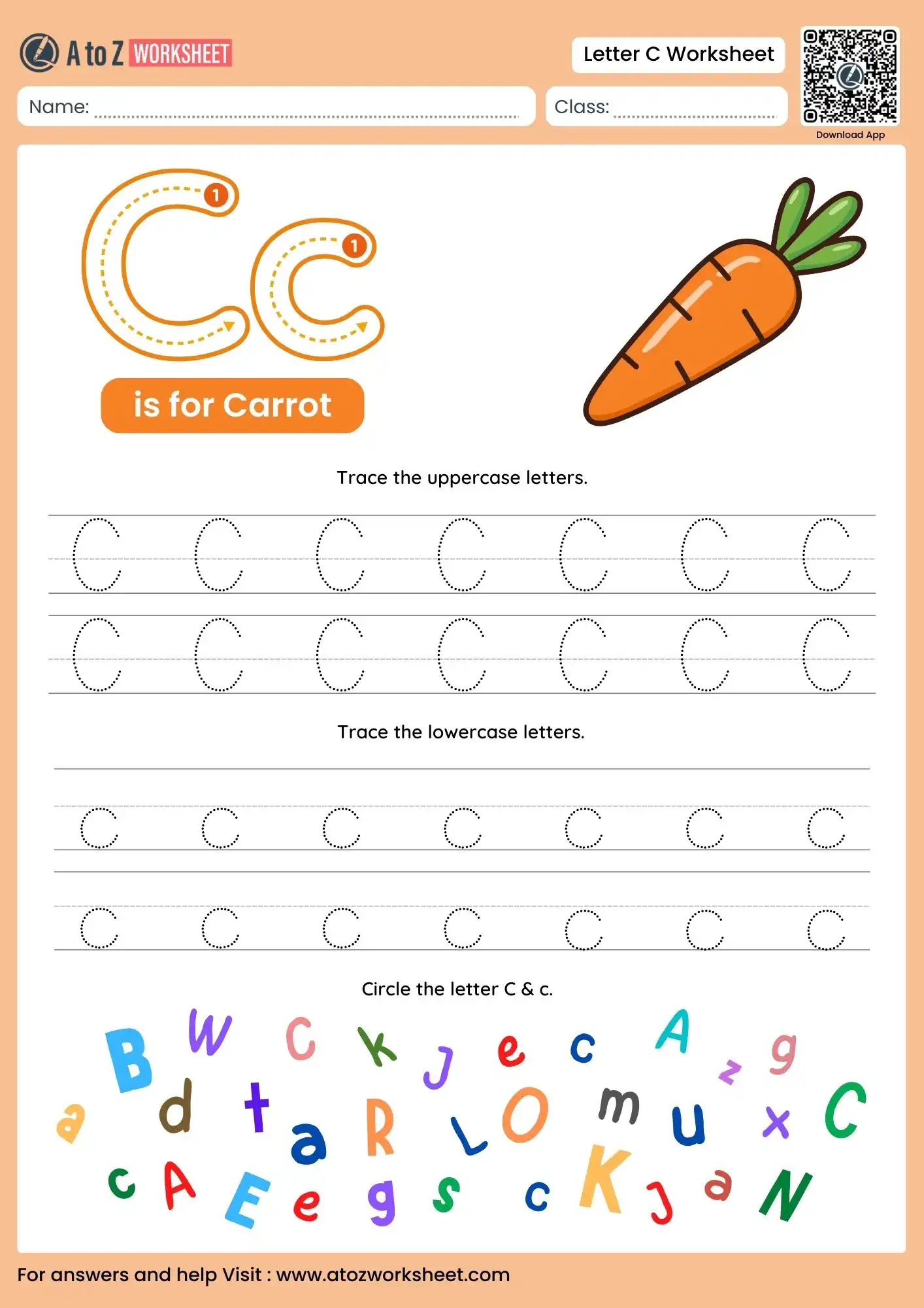 letter c worksheets for kindergarten with carrot and alphabet search