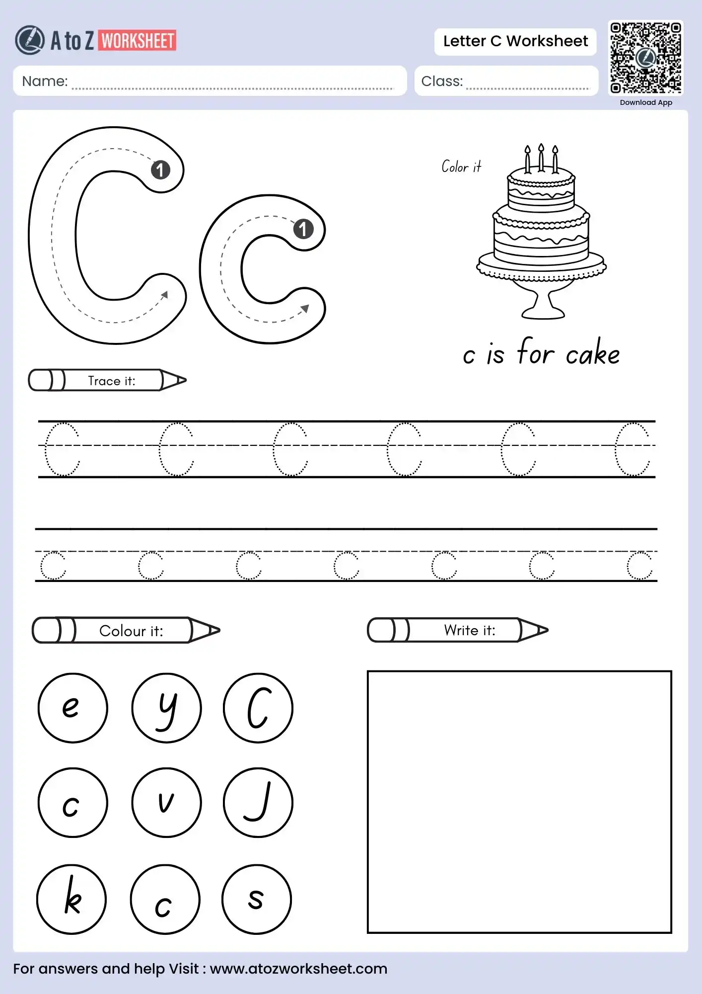 letter c worksheets for tracing and coloring with cake