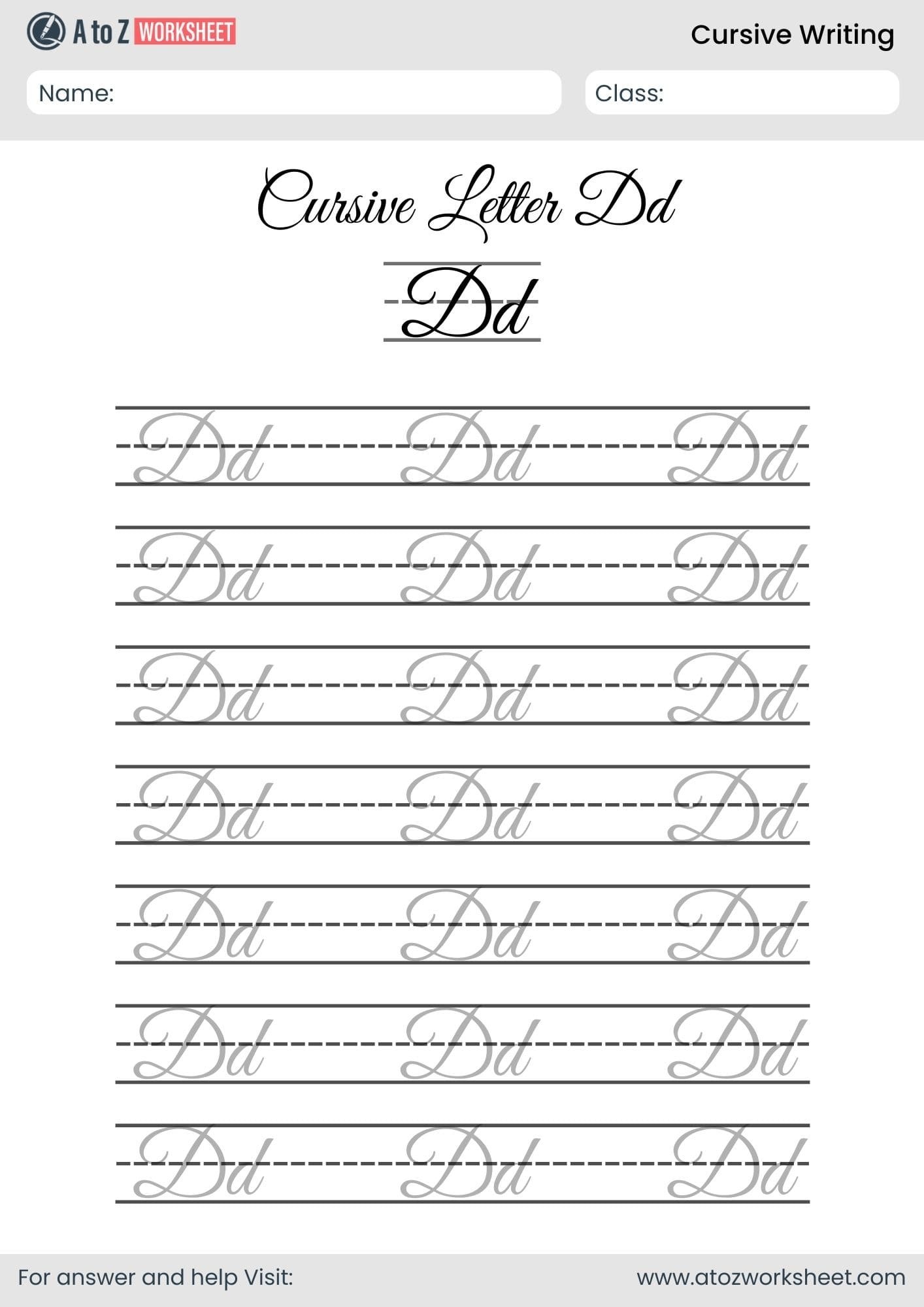 letter d cursive writing a to z worksheets​