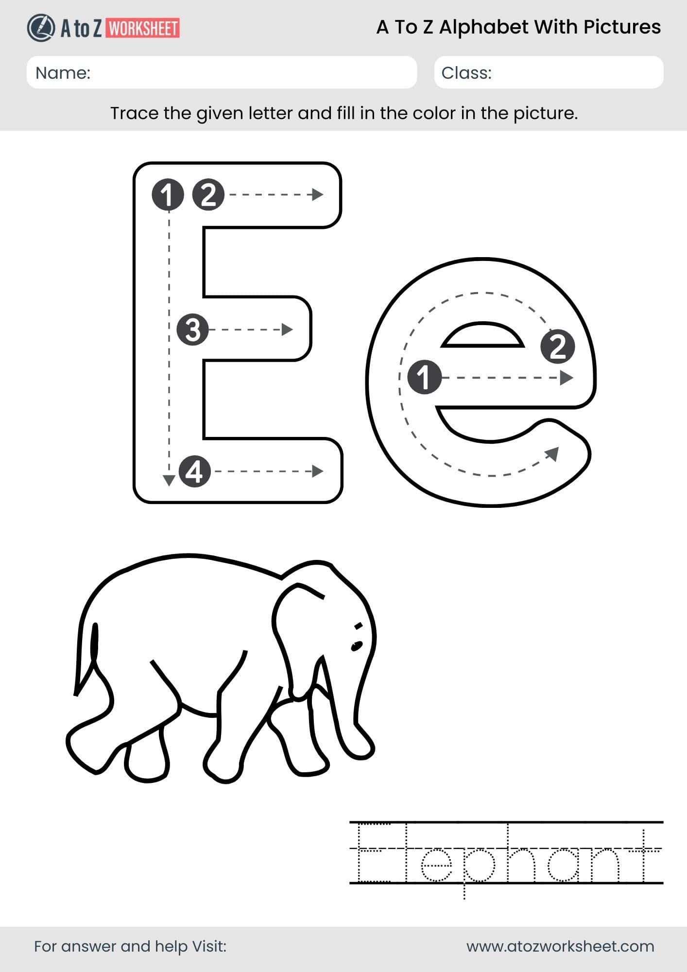 letter e alphabet a to z worksheets with pictures​ and pdf