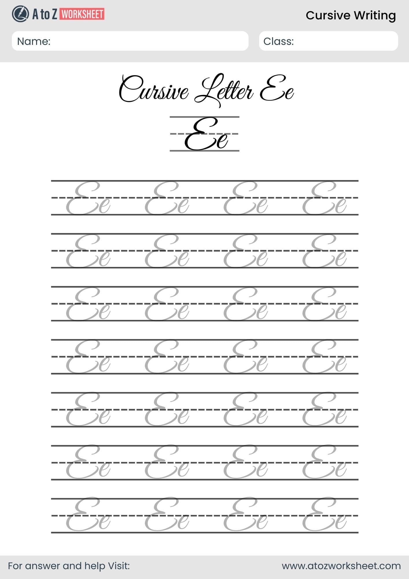 letter e cursive writing a to z worksheets​