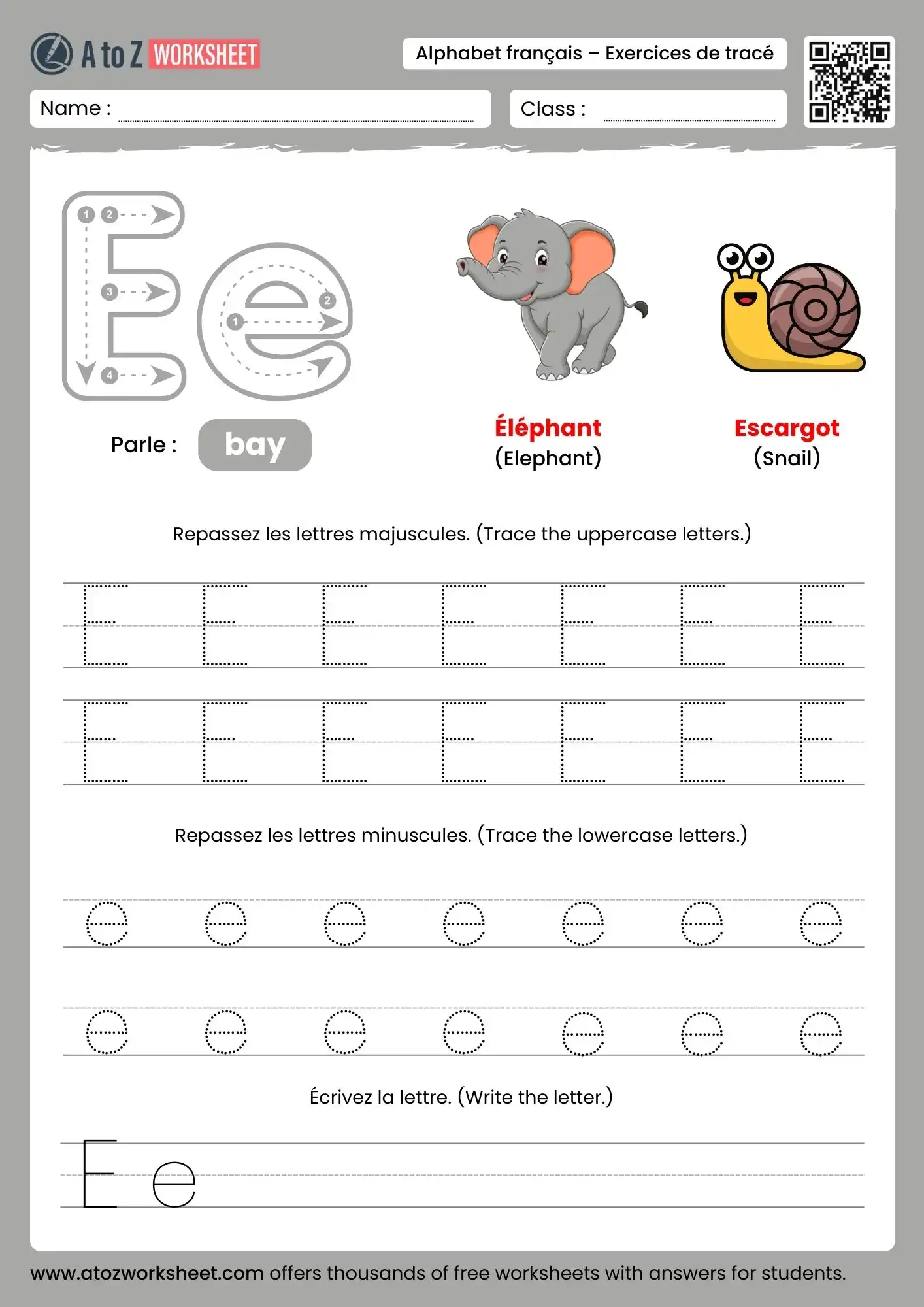 french alphabet tracing worksheets for letter e