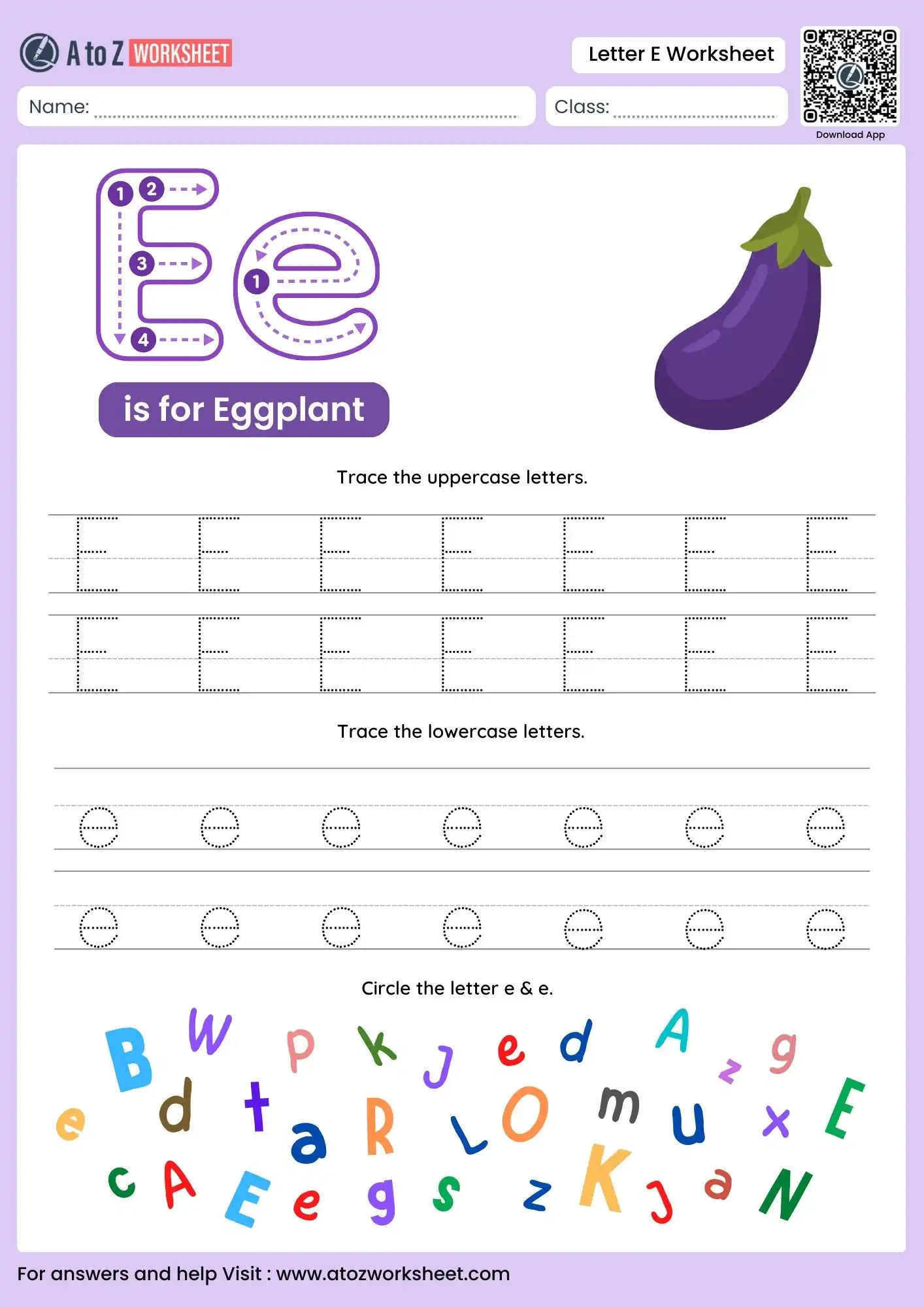 letter e worksheets for kindergarten with eggplant and alphabet search