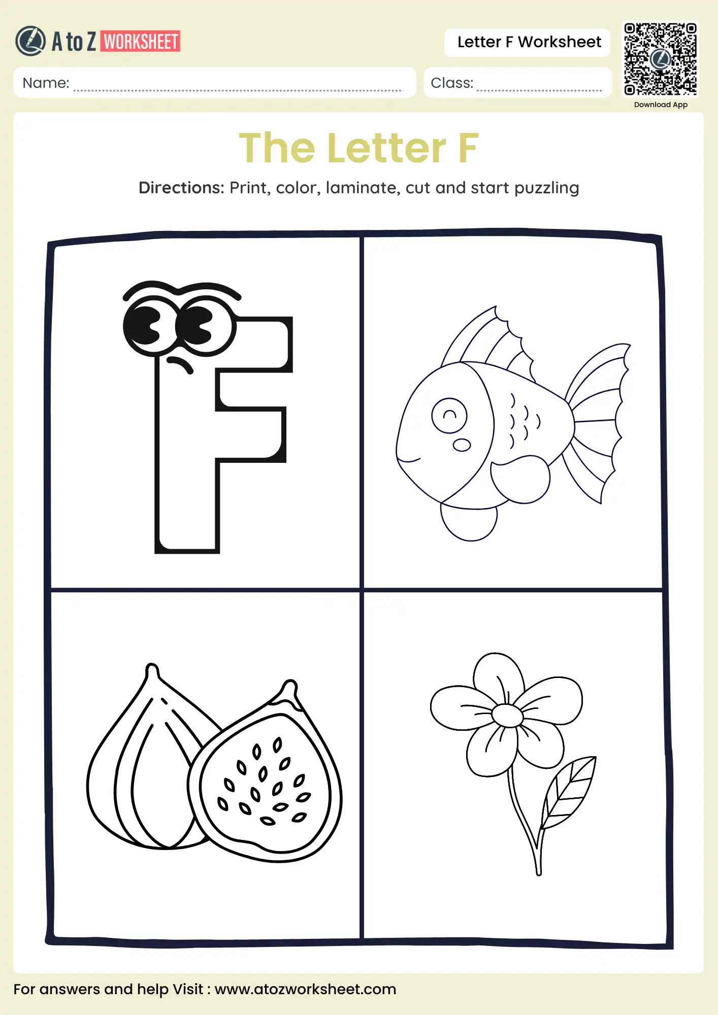 letter f coloring worksheets with character puzzle and visual matching