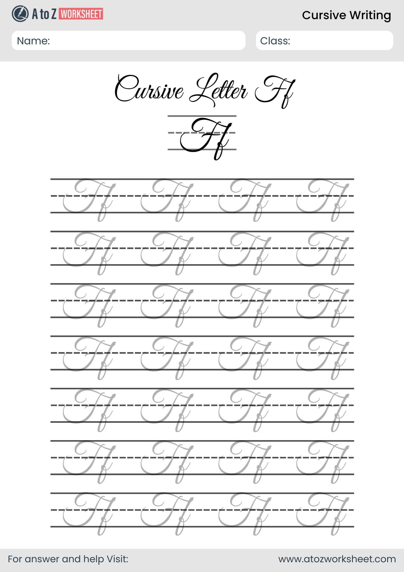 letter f cursive writing a to z worksheets​