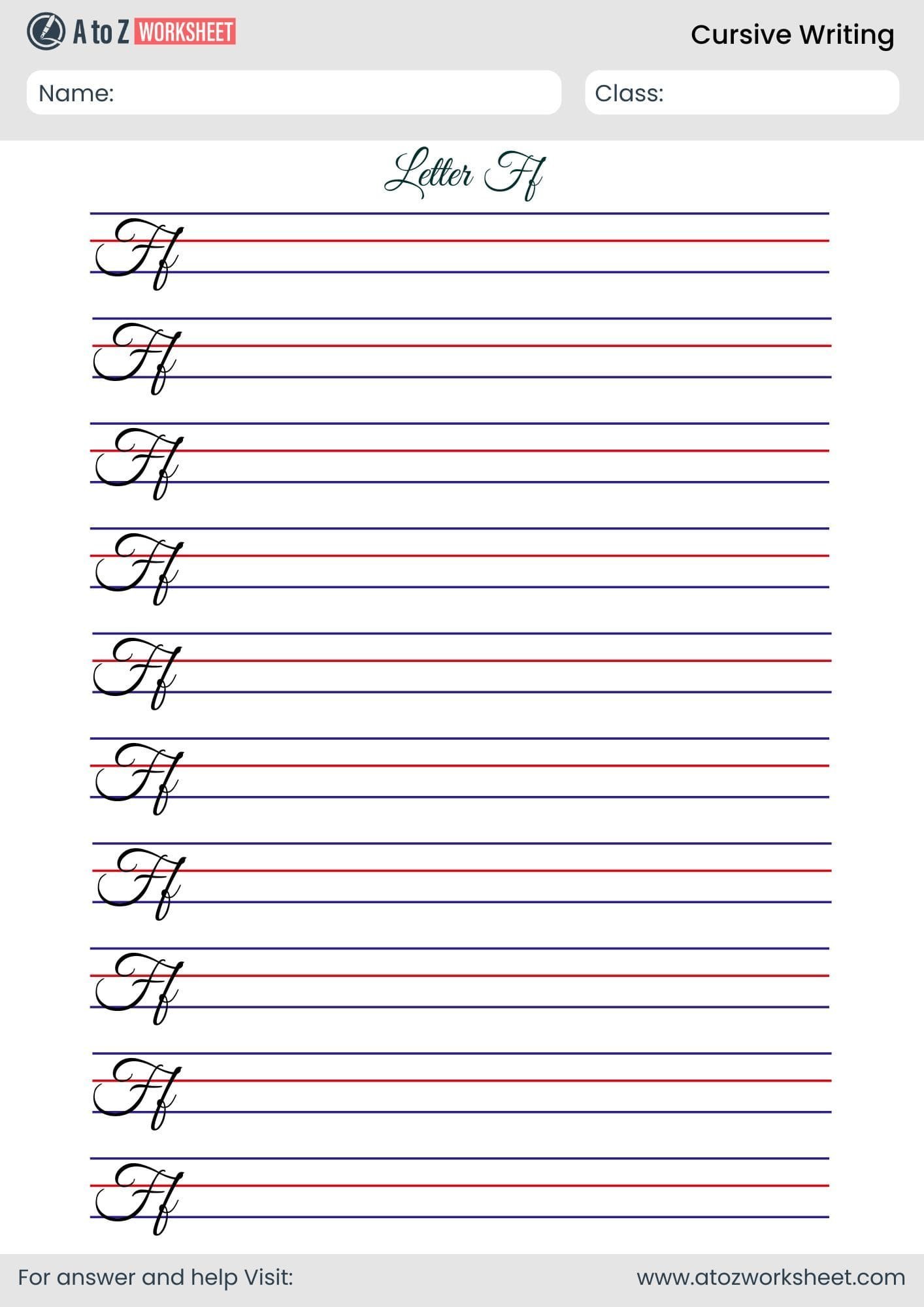 trace letter f cursive writing worksheet