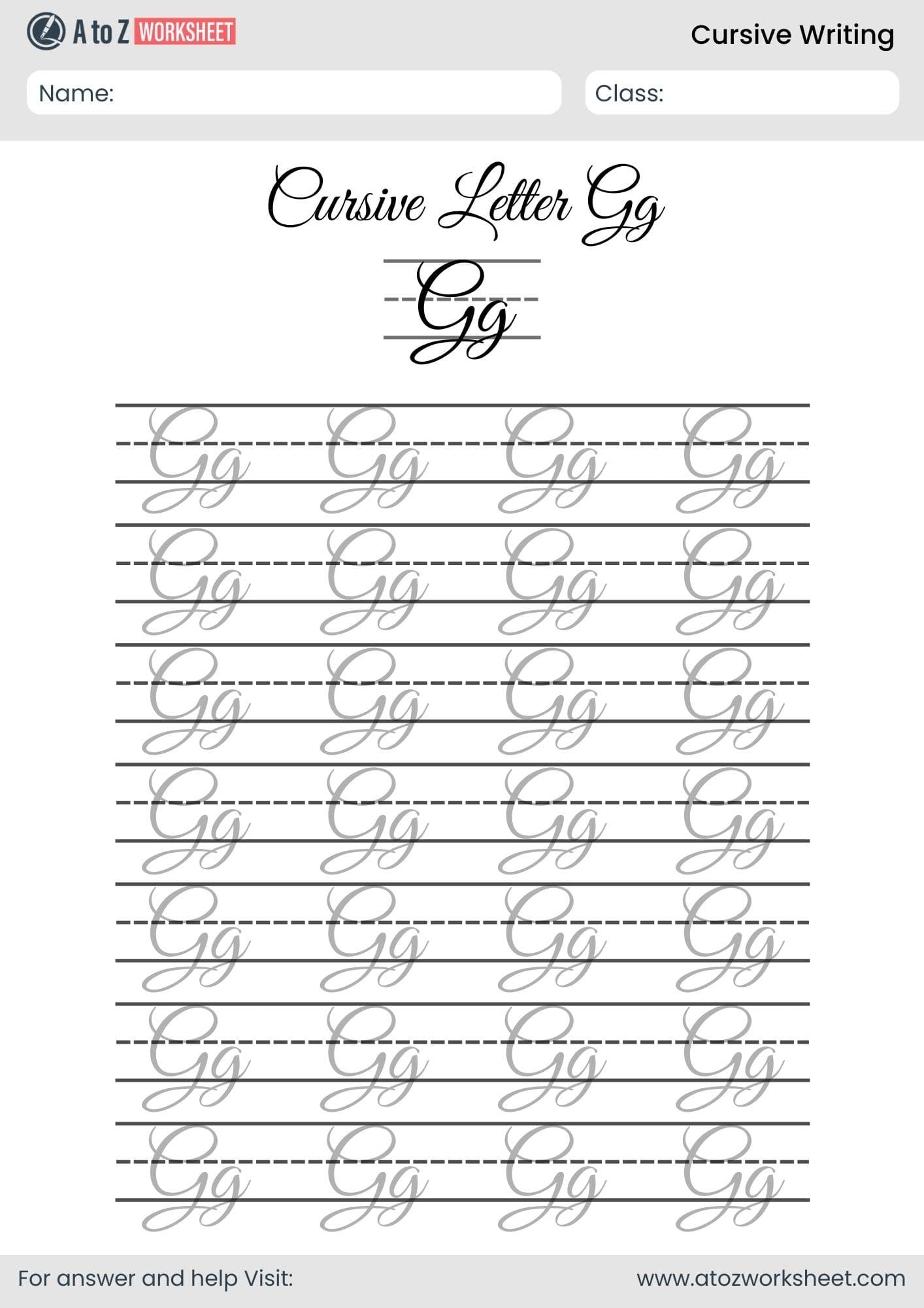 letter g cursive writing a to z worksheets​