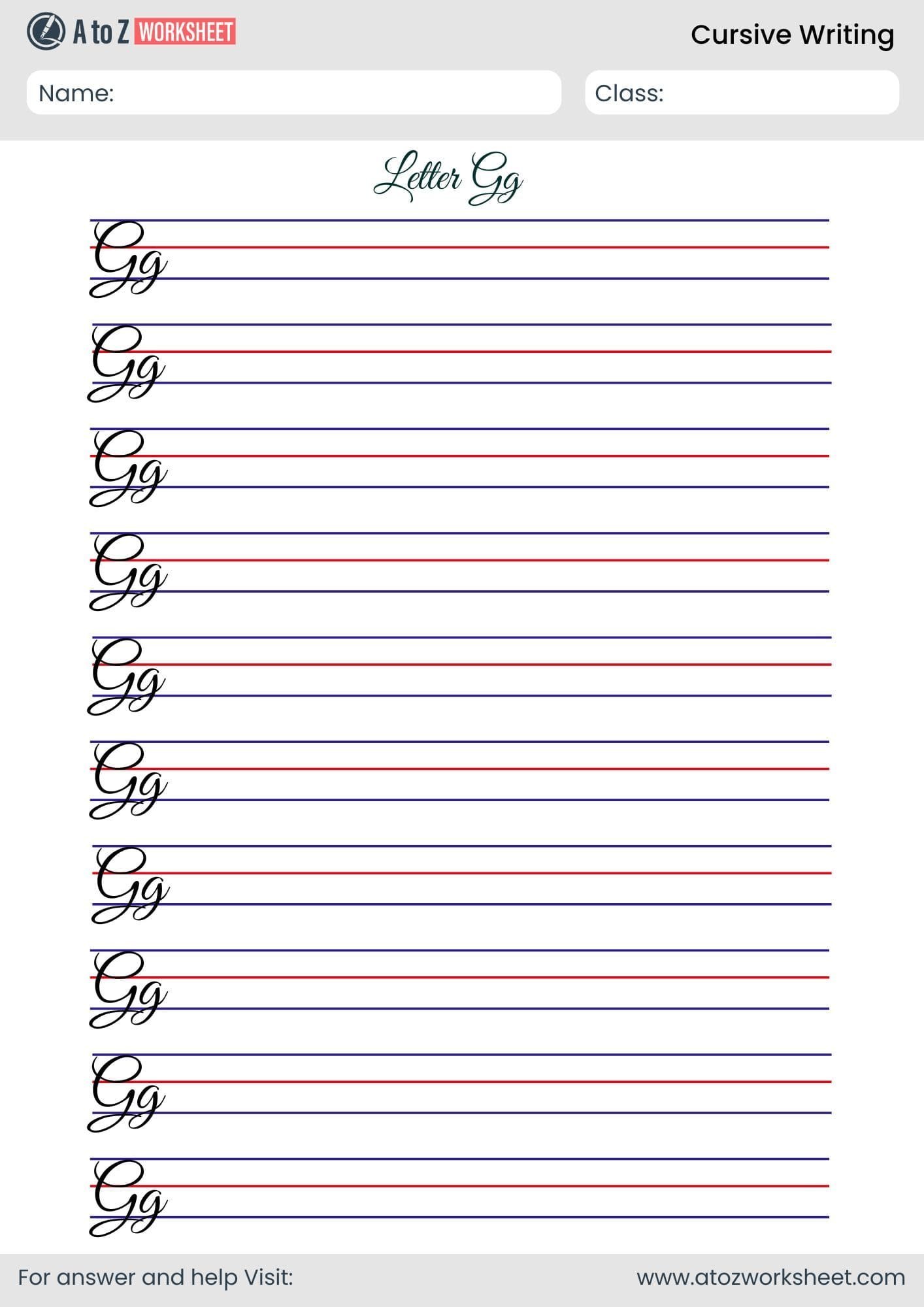 trace letter g cursive writing worksheet