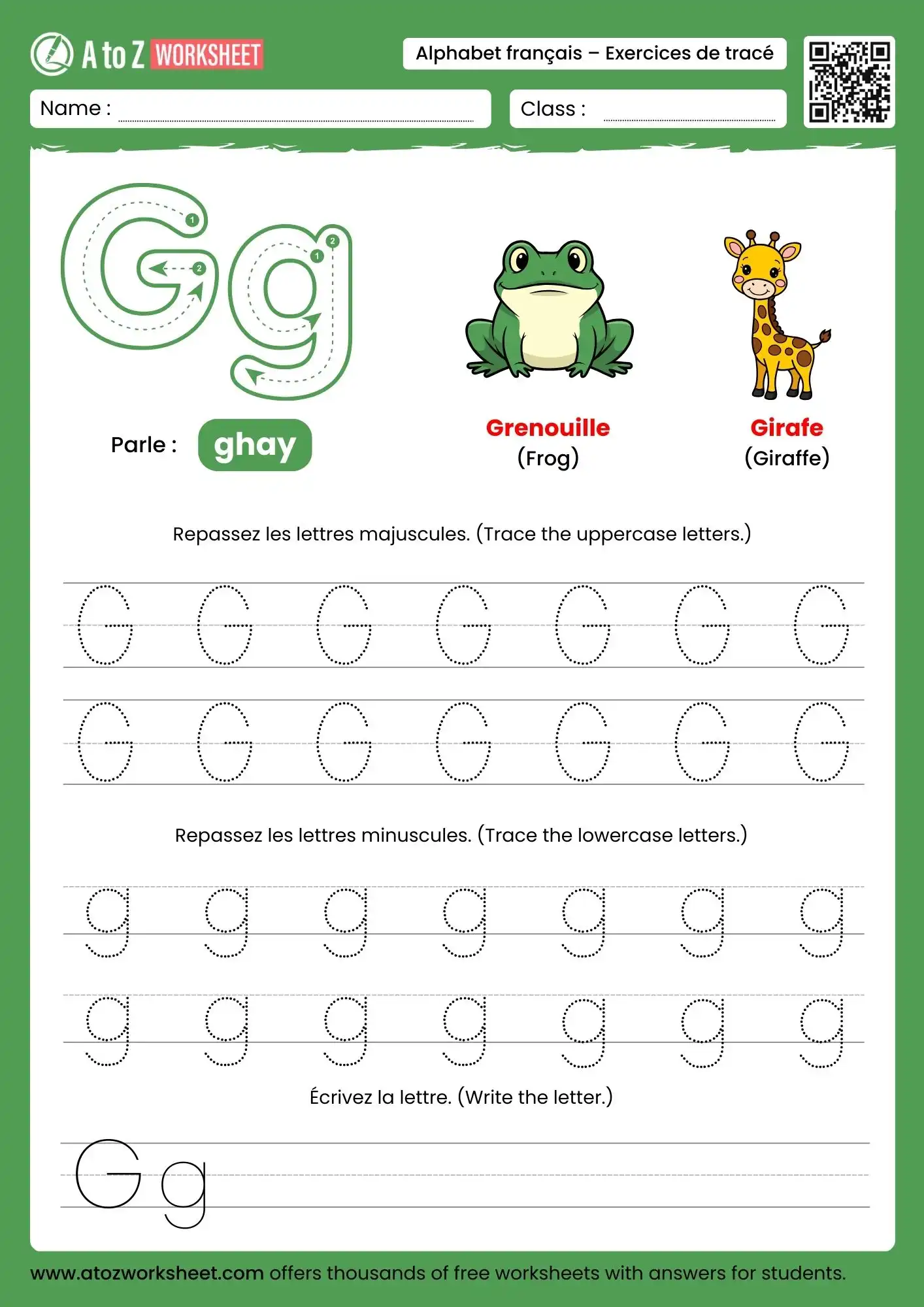 french alphabet tracing worksheets for letter g