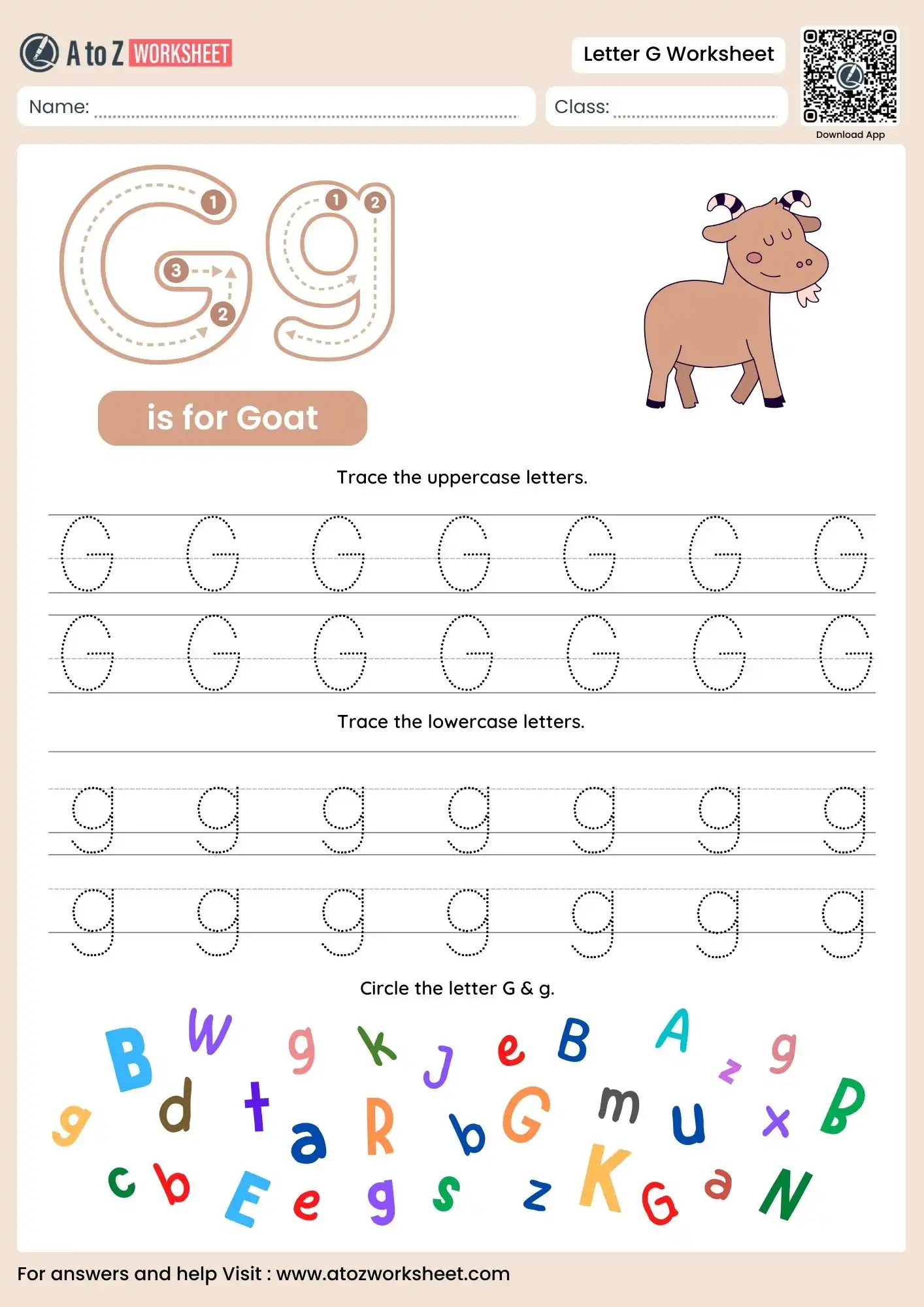 letter g worksheets for kindergarten with goat and alphabet search