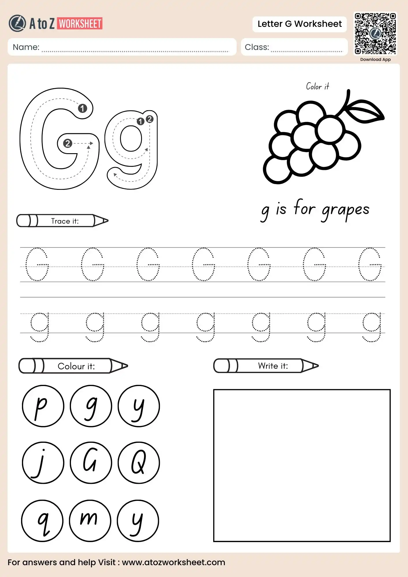 letter g worksheets for preschool featuring independent writing and grapes