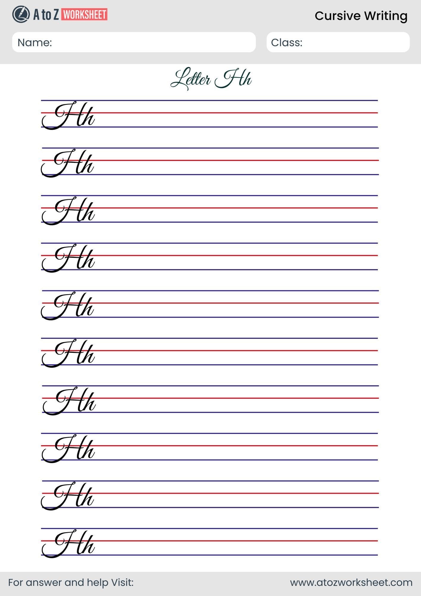 trace letter h cursive writing worksheet