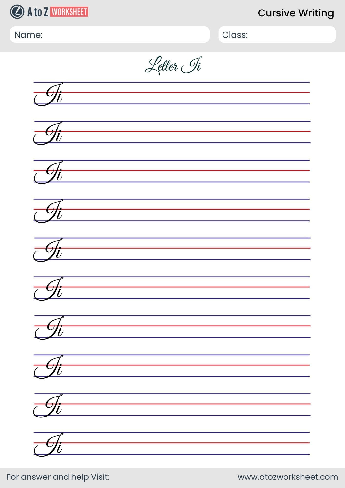 trace letter i cursive writing worksheet