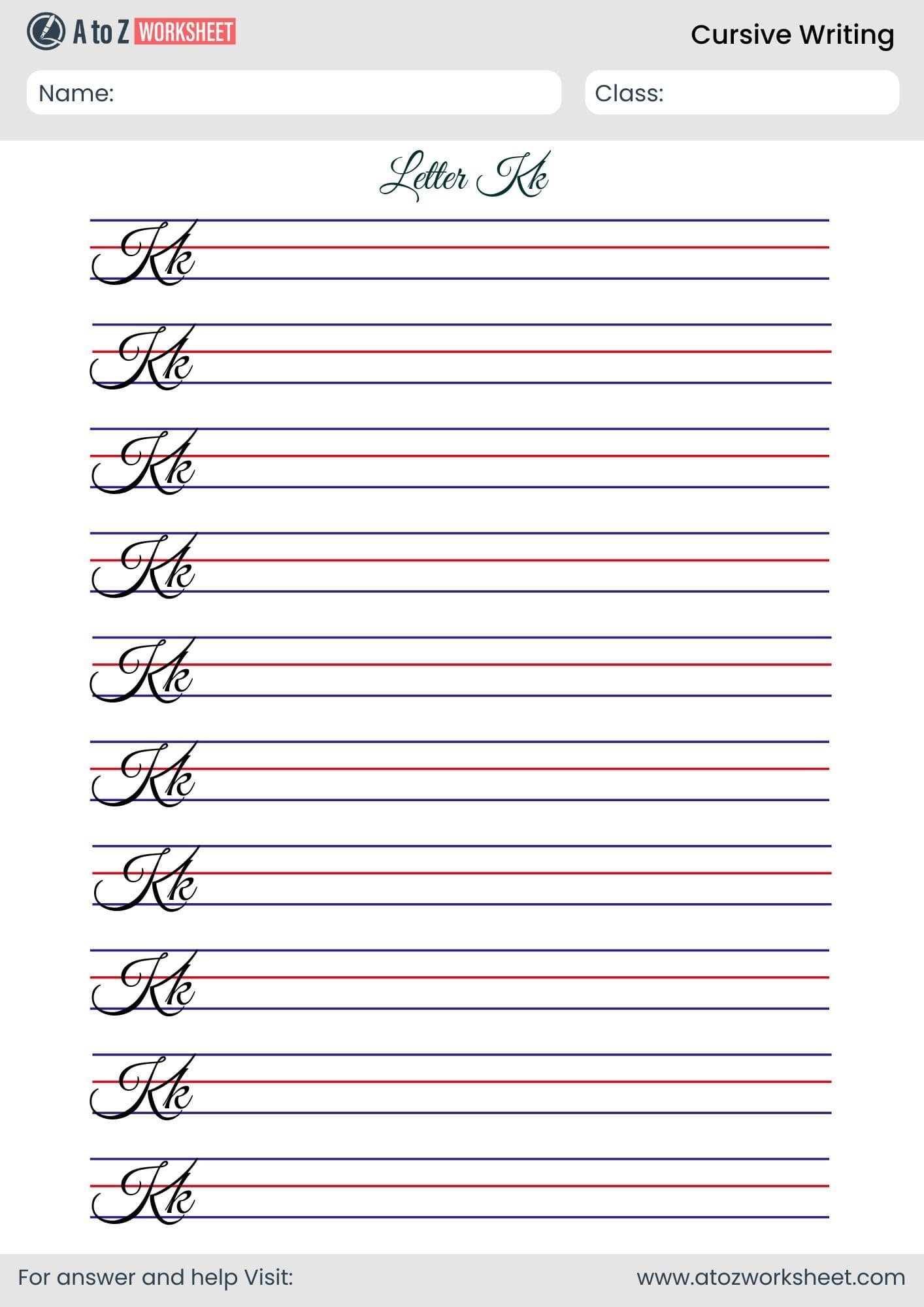trace letter k cursive writing worksheet