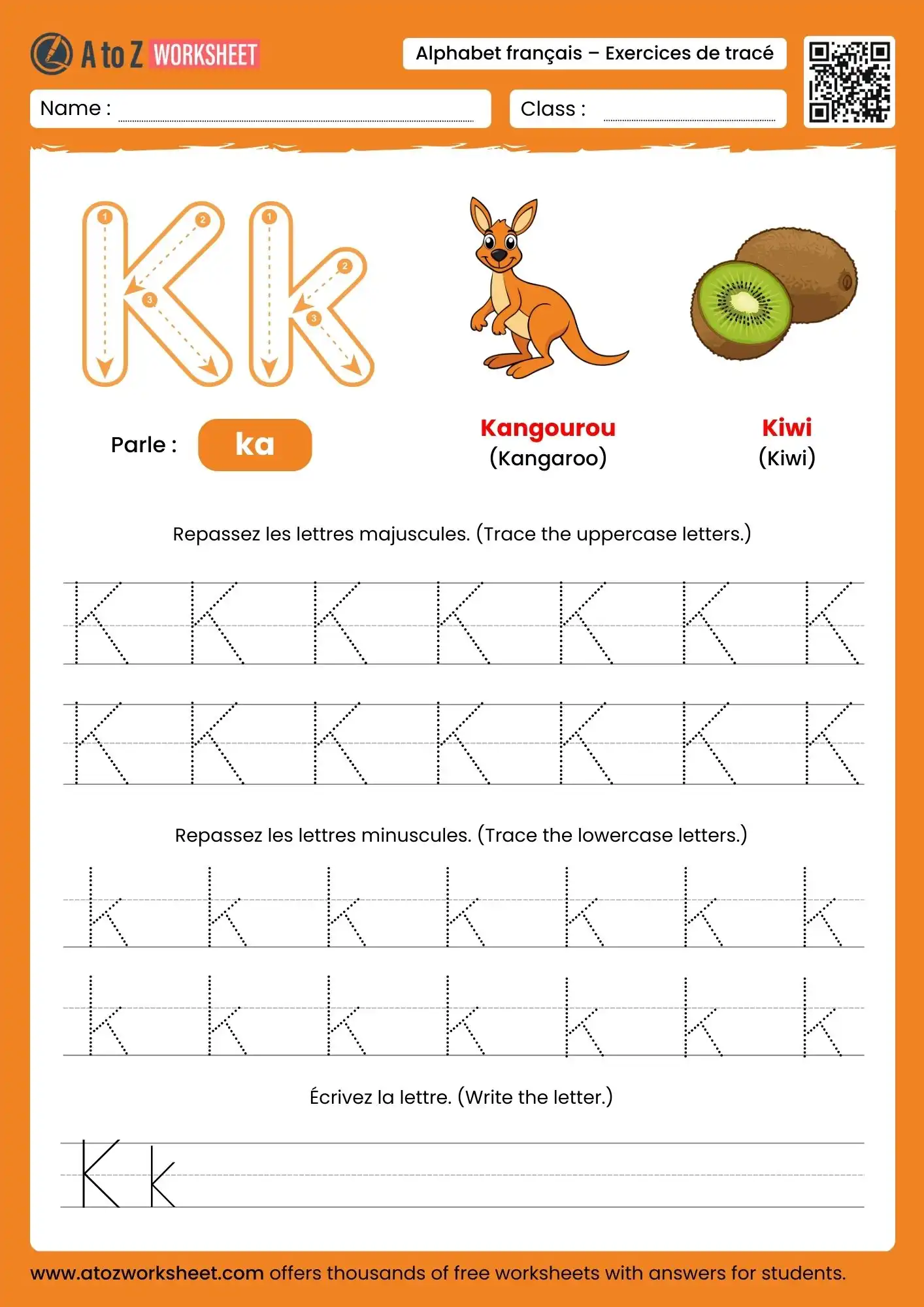 french alphabet tracing worksheets for letter k