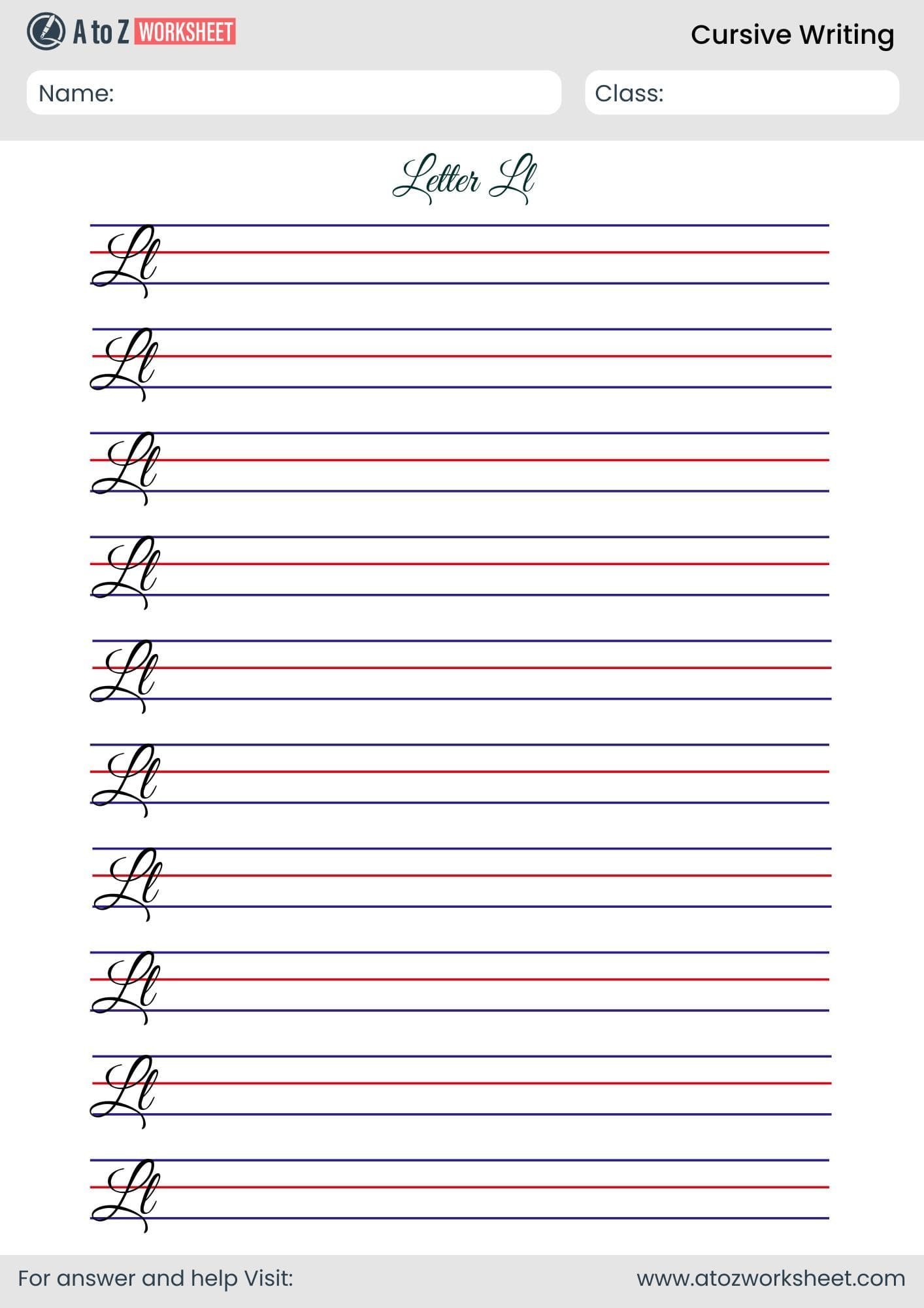 trace letter l cursive writing worksheet