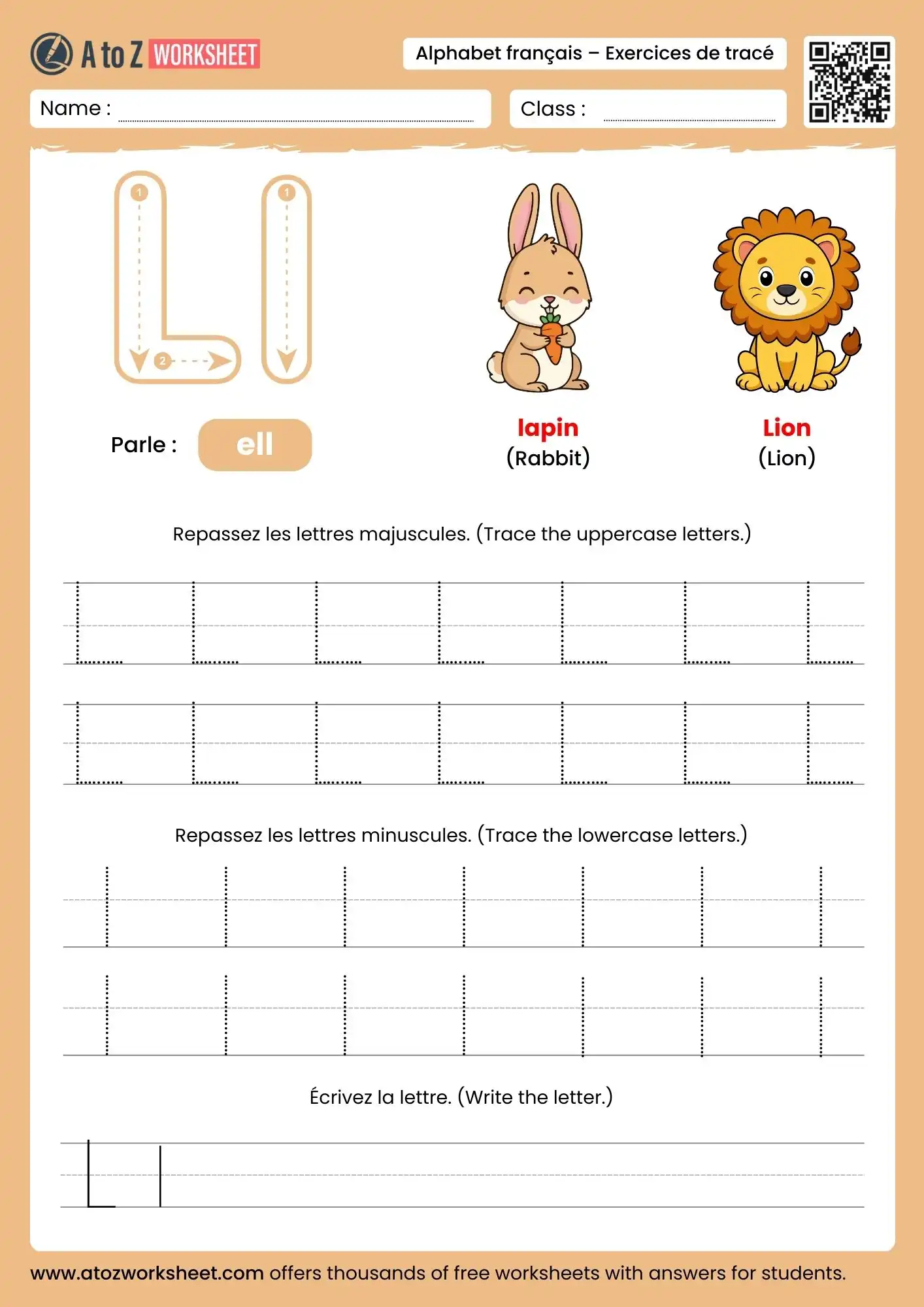 french alphabet tracing worksheets for letter l