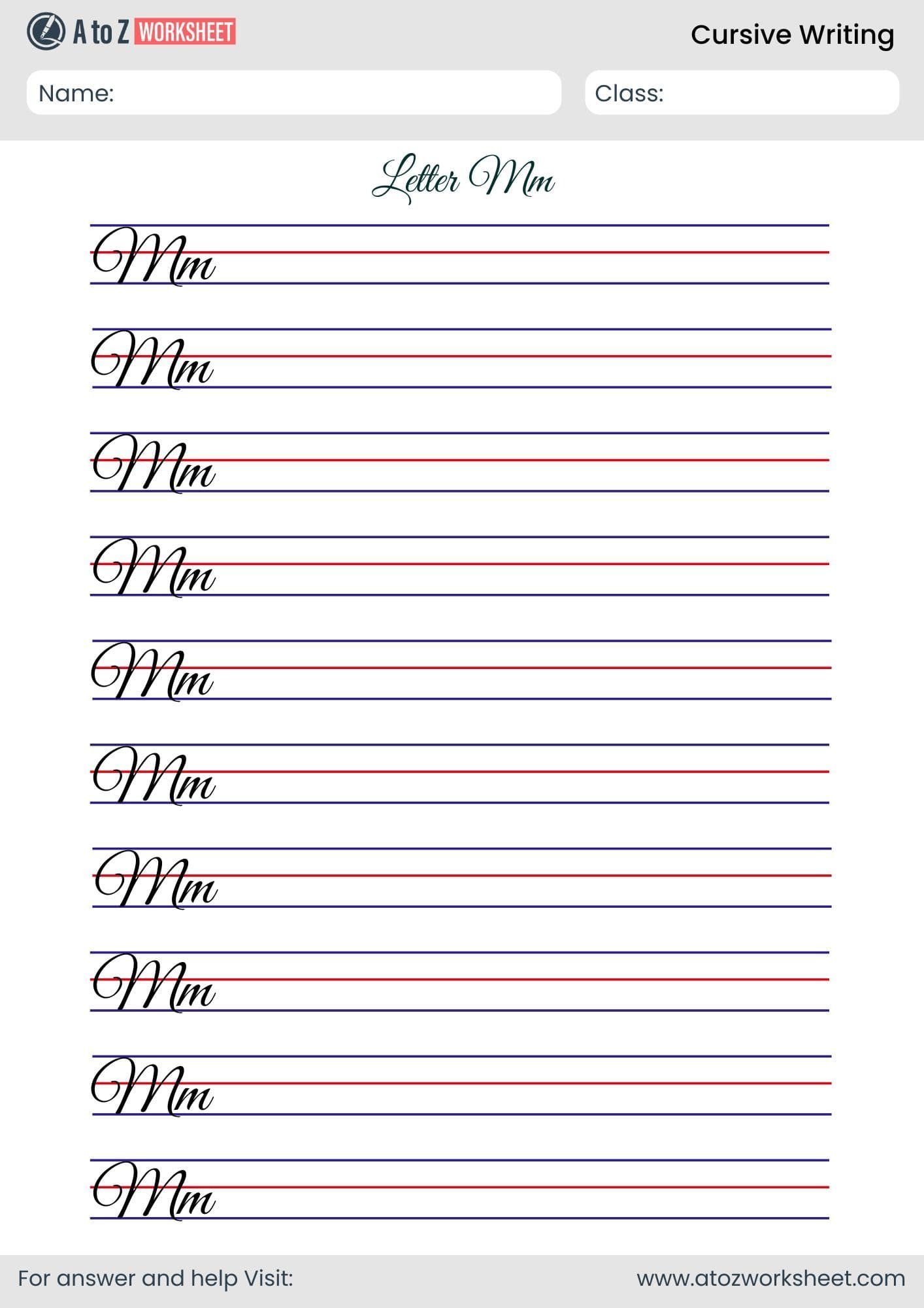 trace letter m cursive writing worksheet