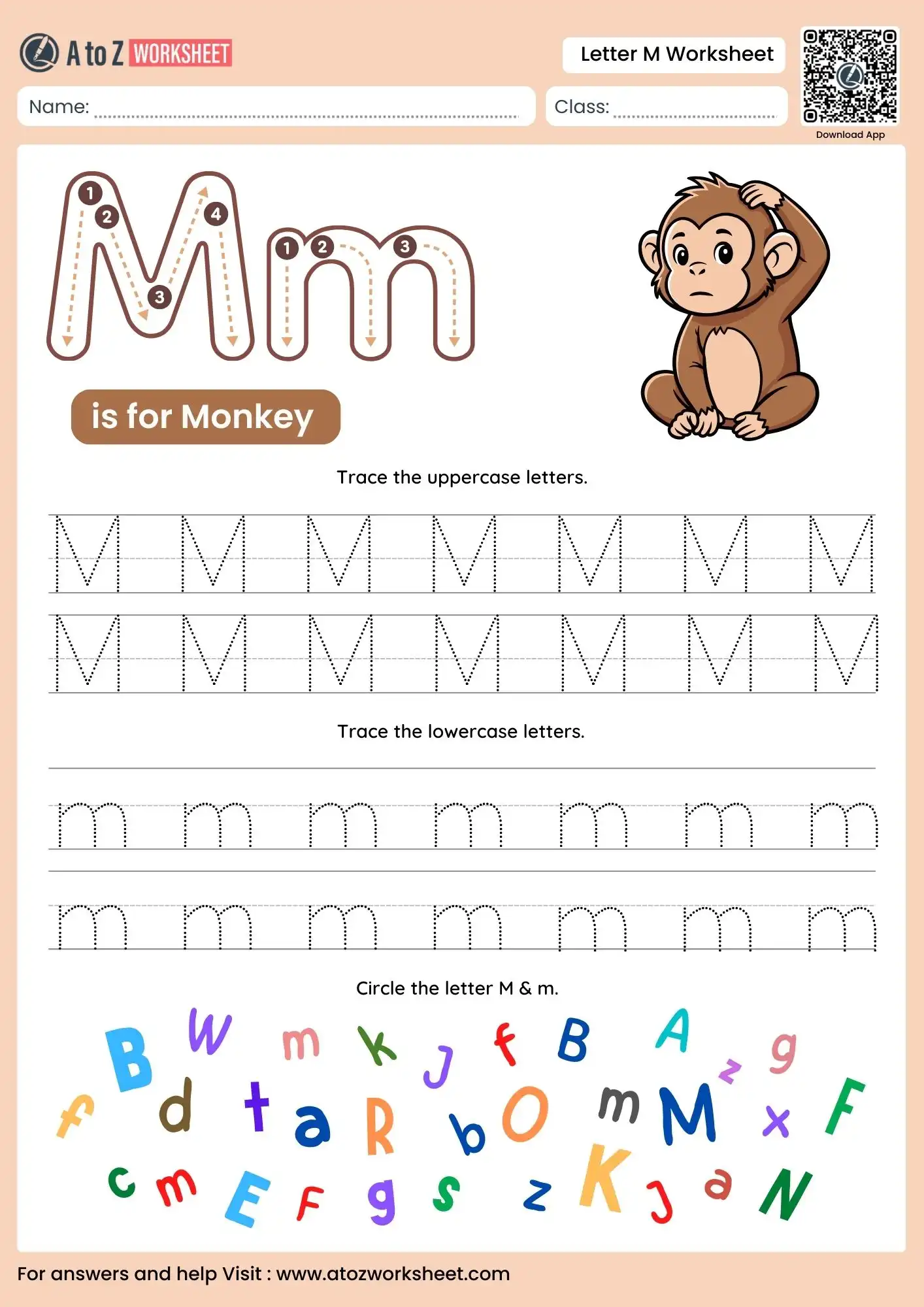 letter m worksheets for kindergarten with monkey and alphabet search