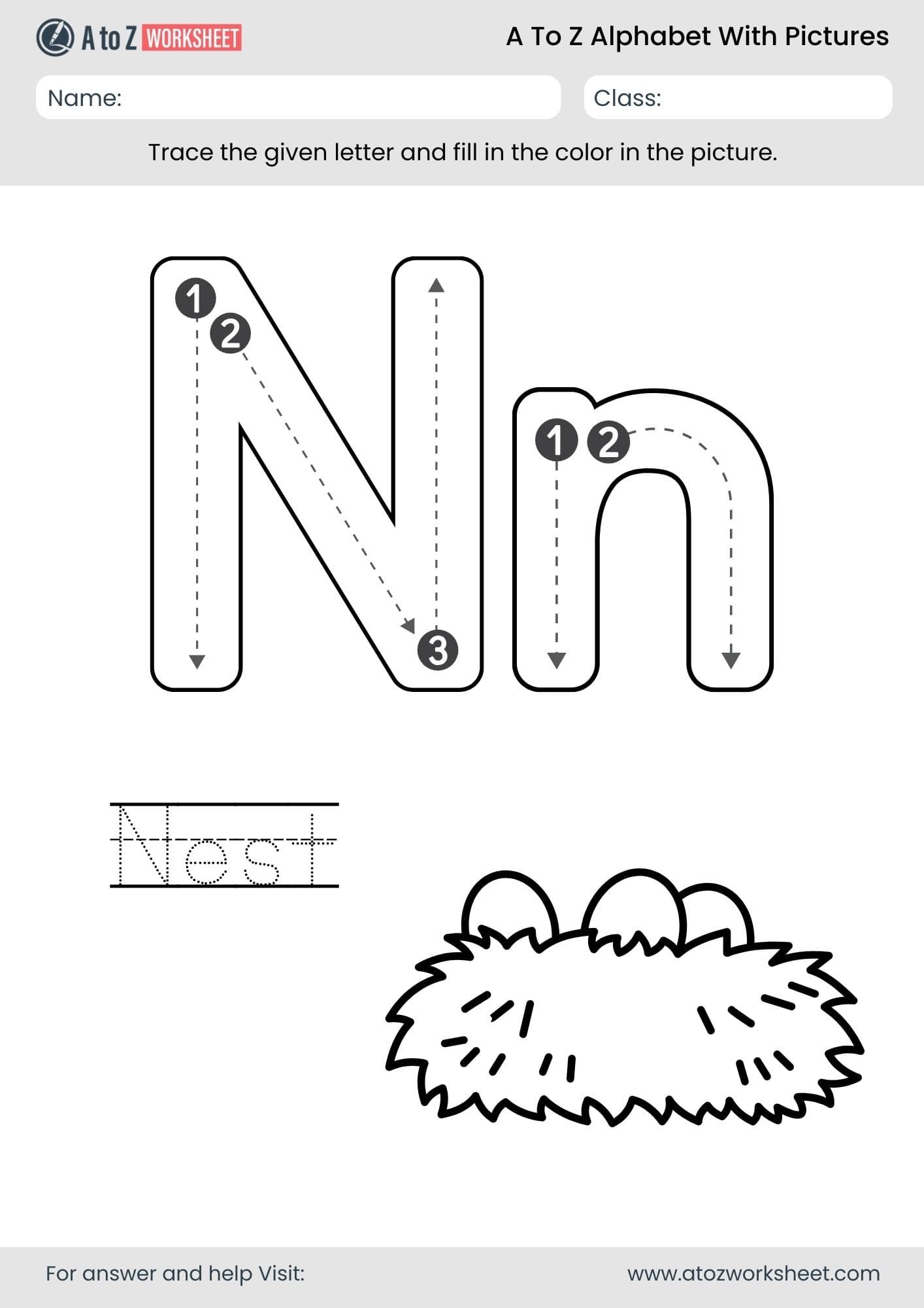 letter n alphabet a to z worksheets with pictures​ and pdf