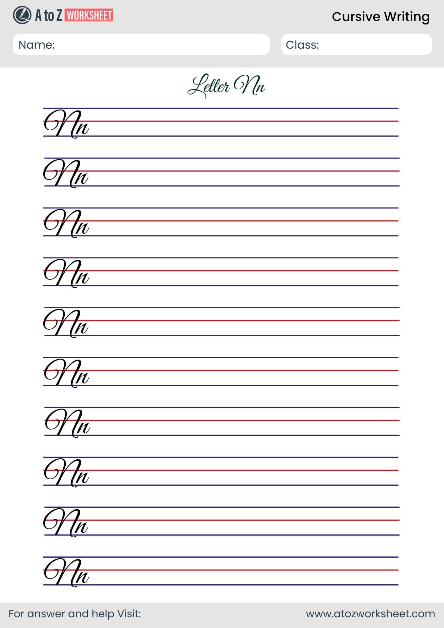 trace letter n cursive writing worksheet