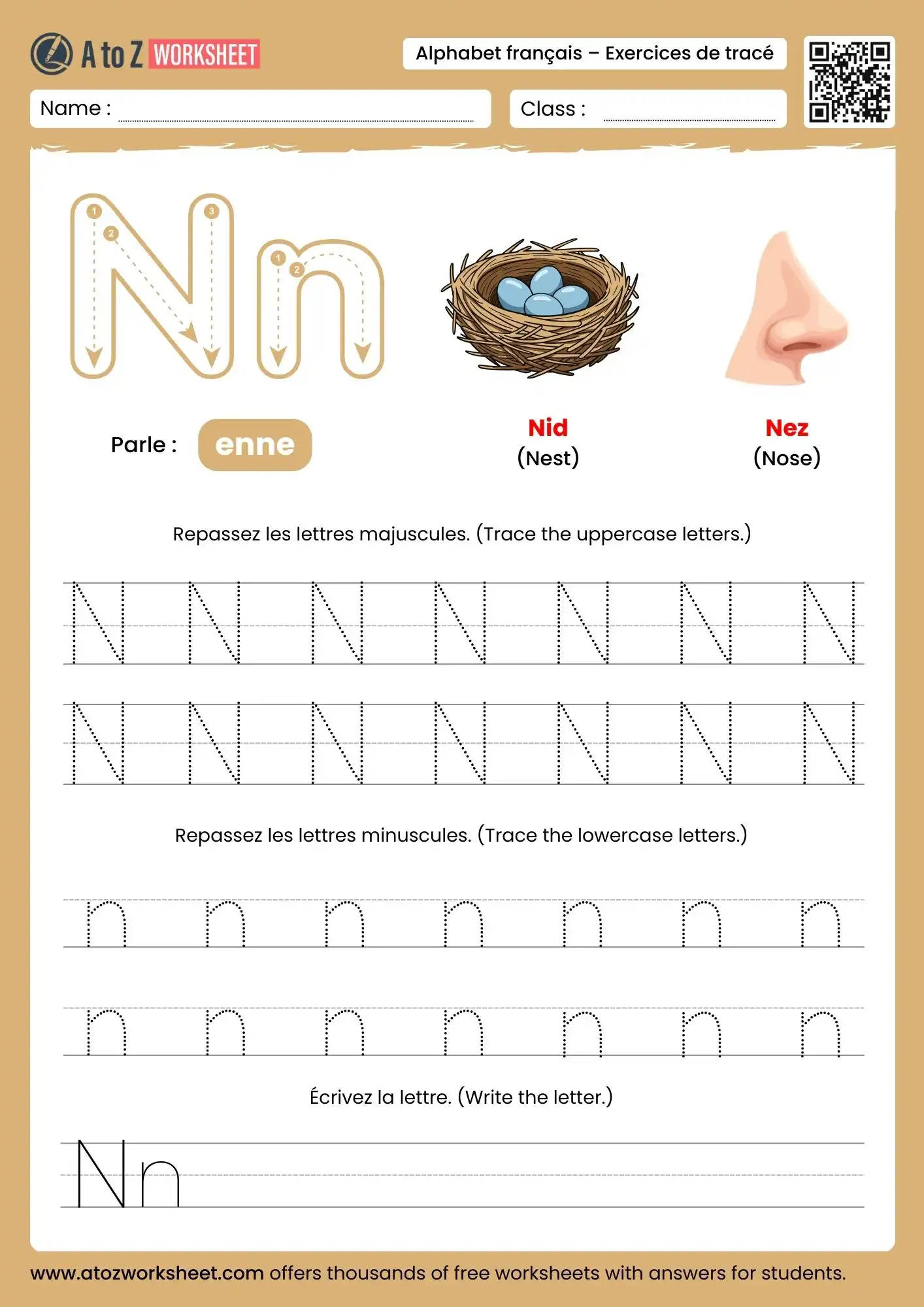 french alphabet tracing worksheets for letter n