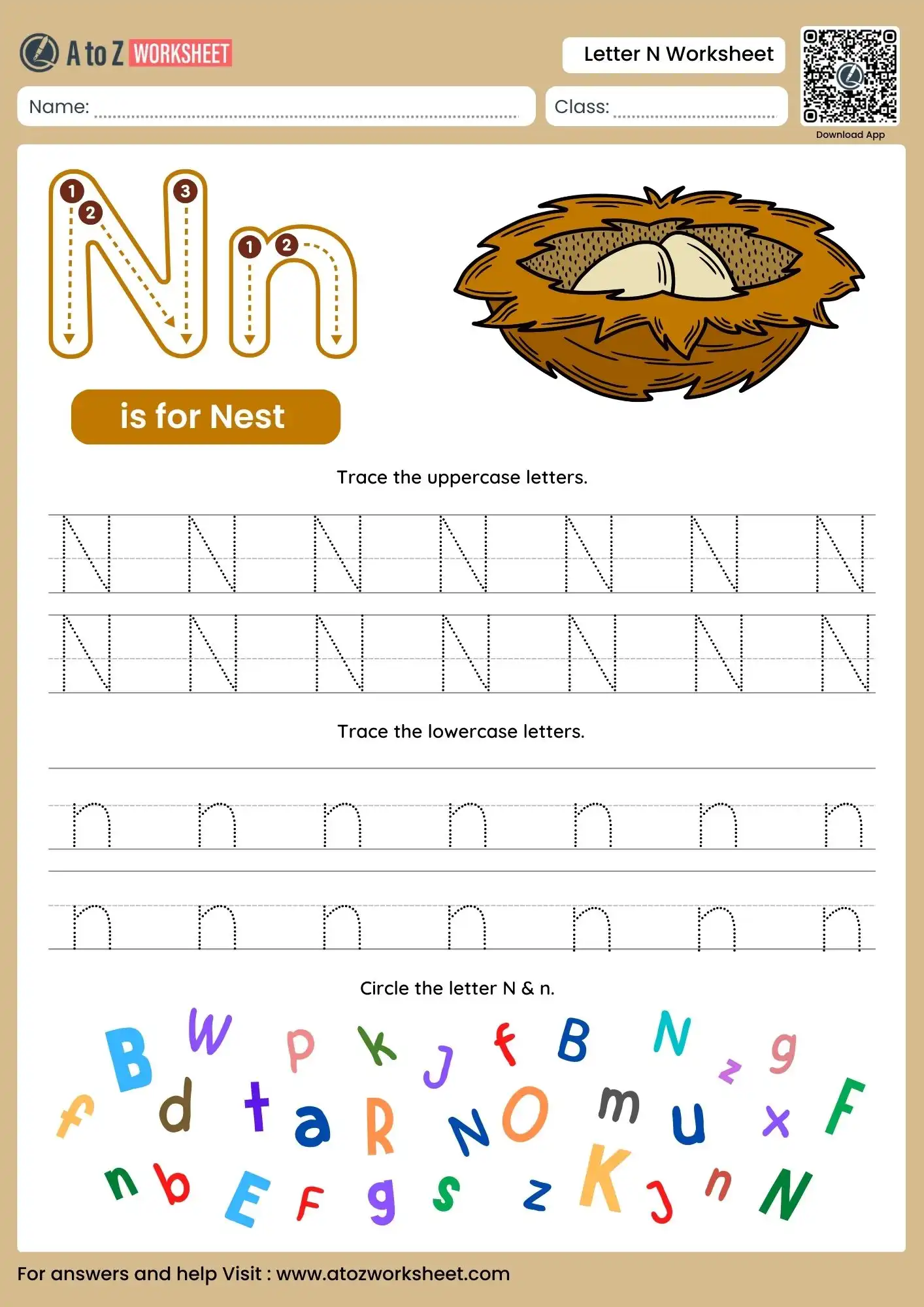 letter n worksheets for kindergarten featuring a bird nest and letter search