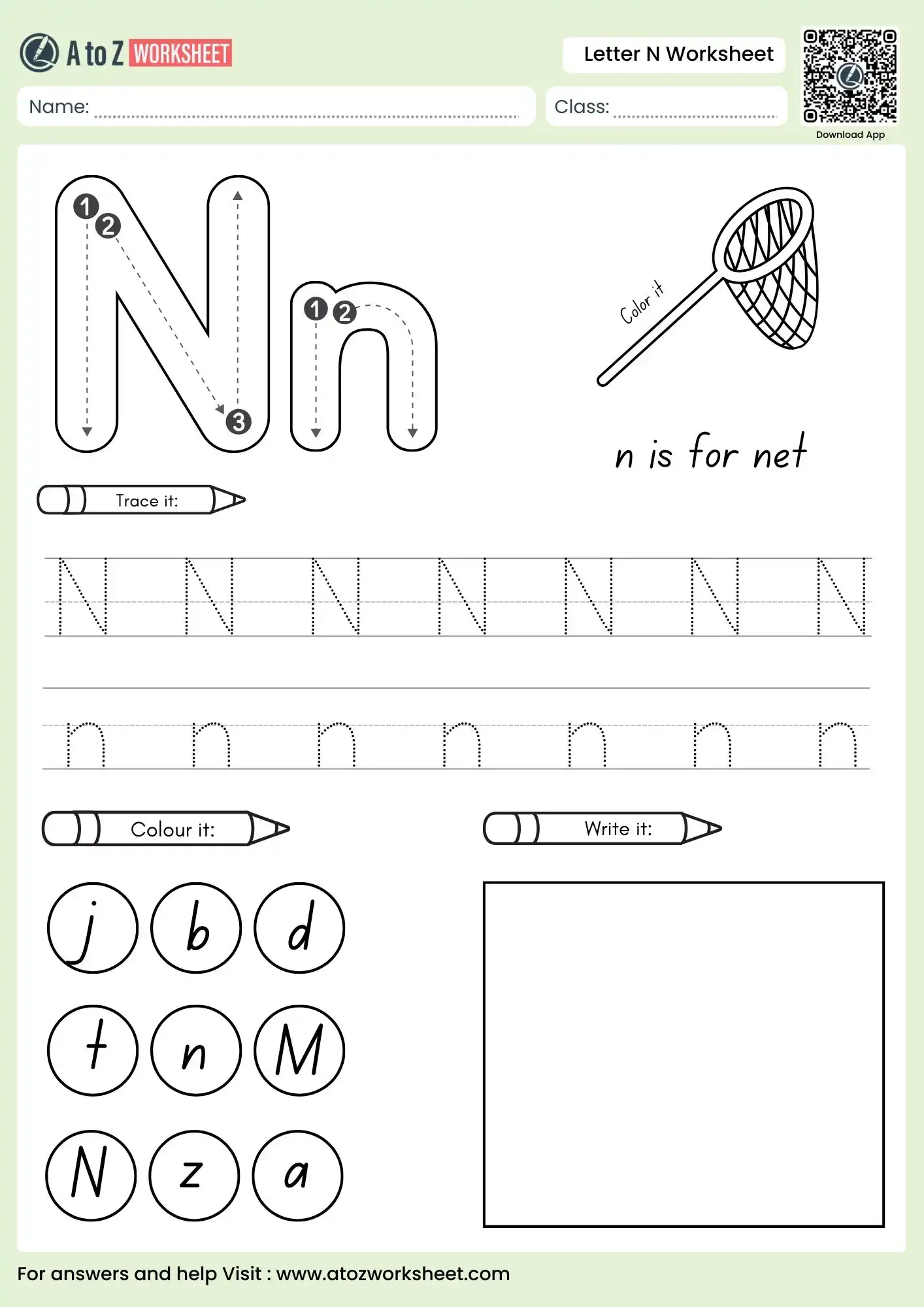letter n worksheets for preschool focusing on handwriting with a net illustration