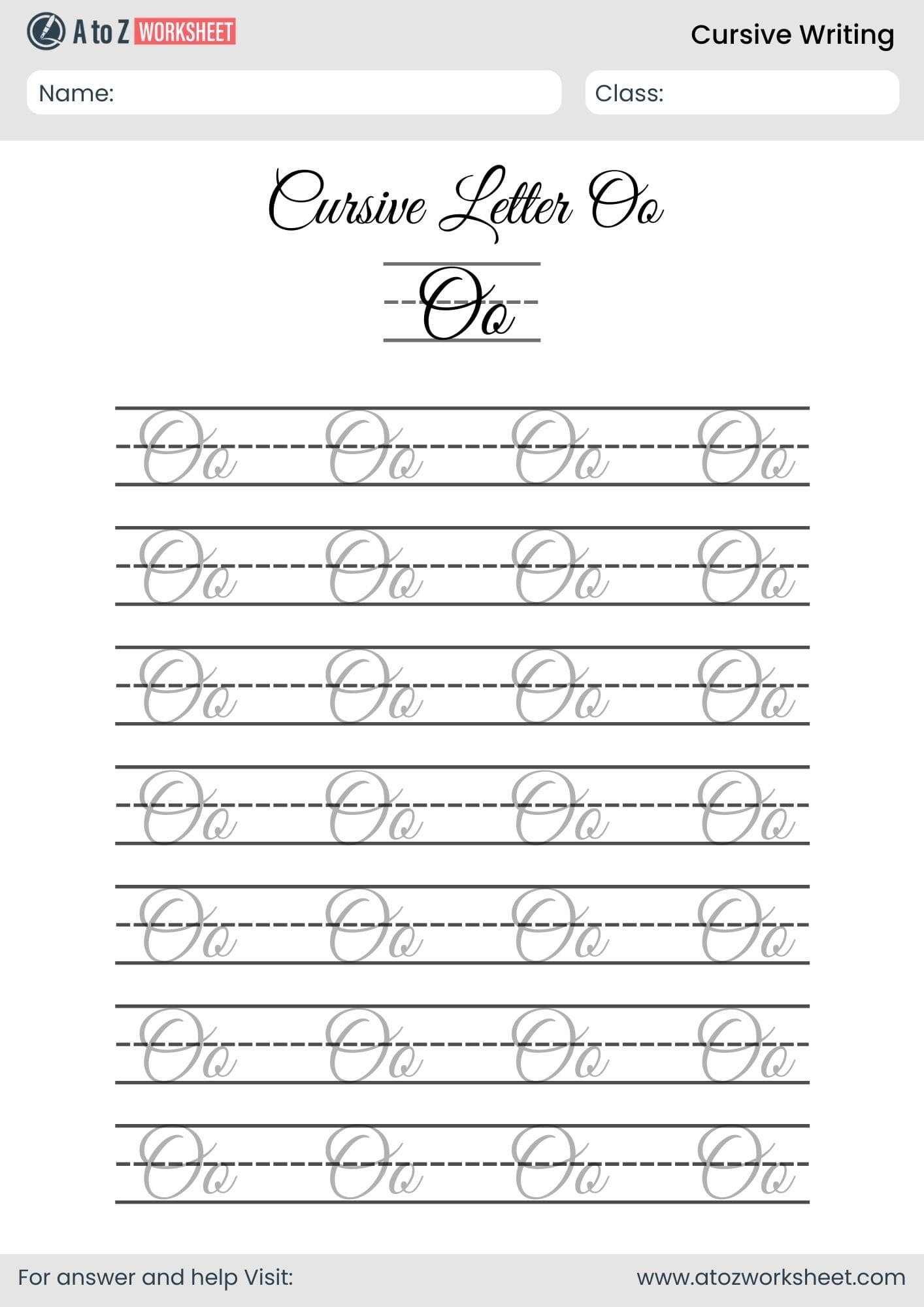 letter o cursive writing a to z worksheets​