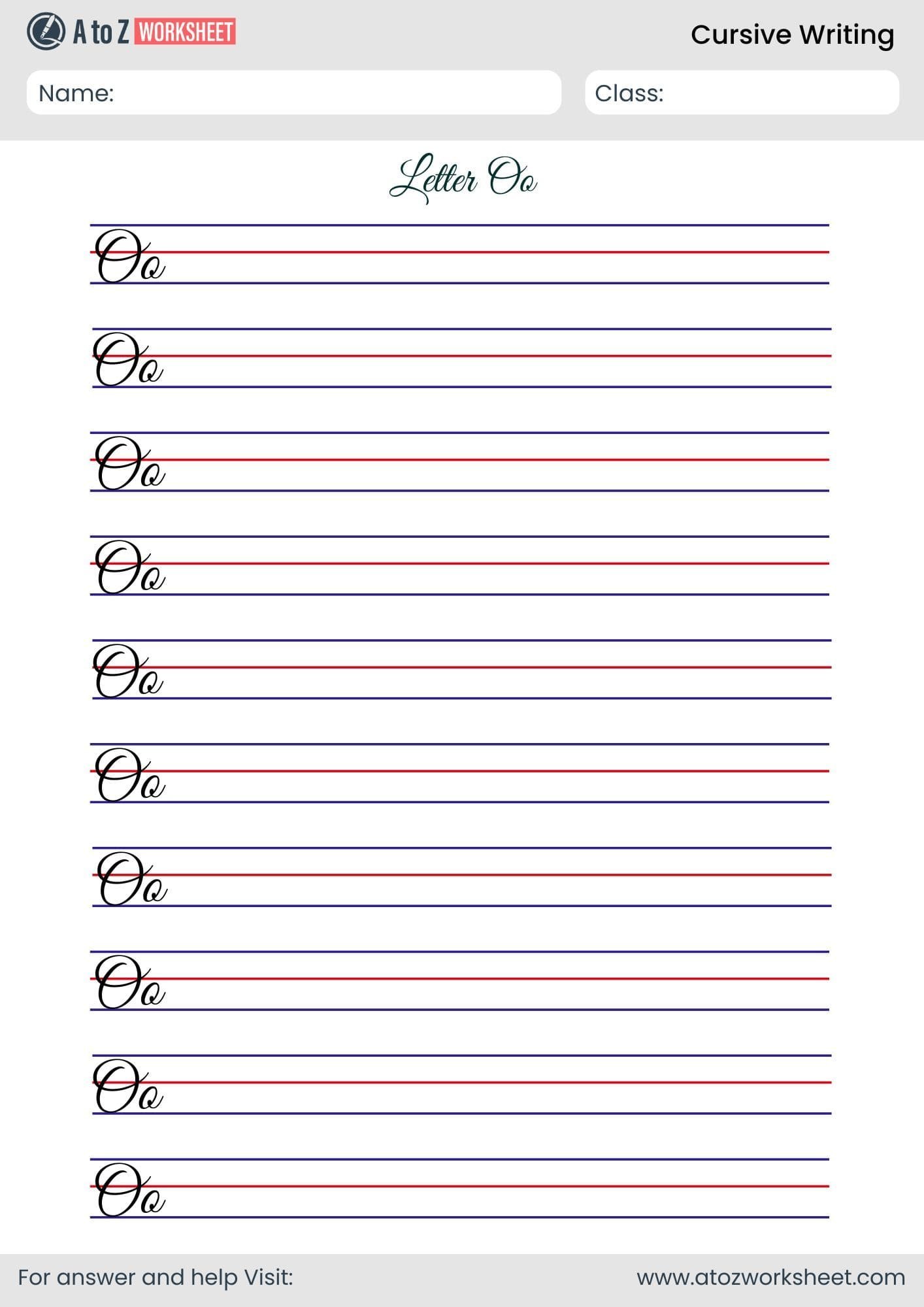 trace letter o cursive writing worksheet