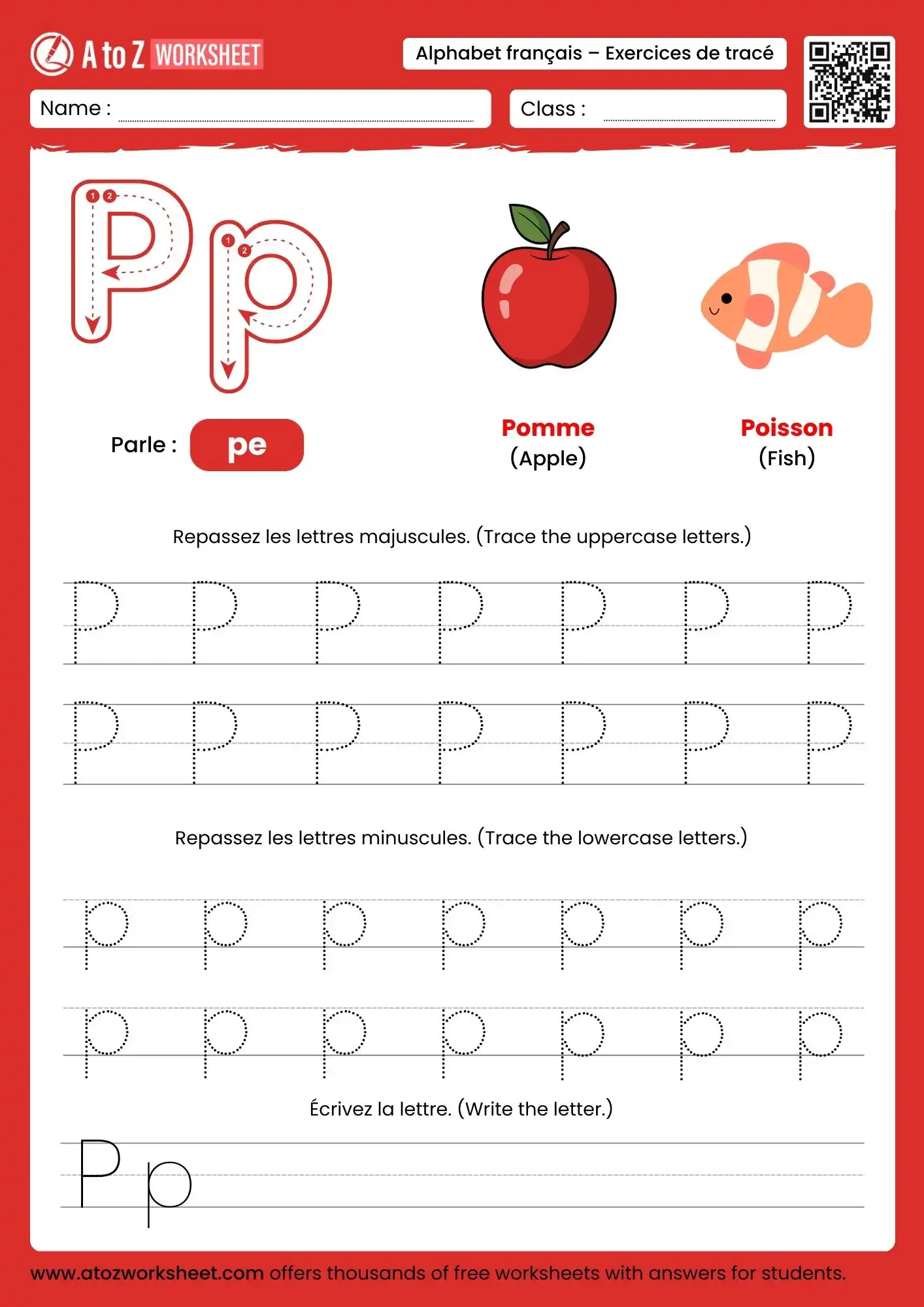 french alphabet tracing worksheets for letter p