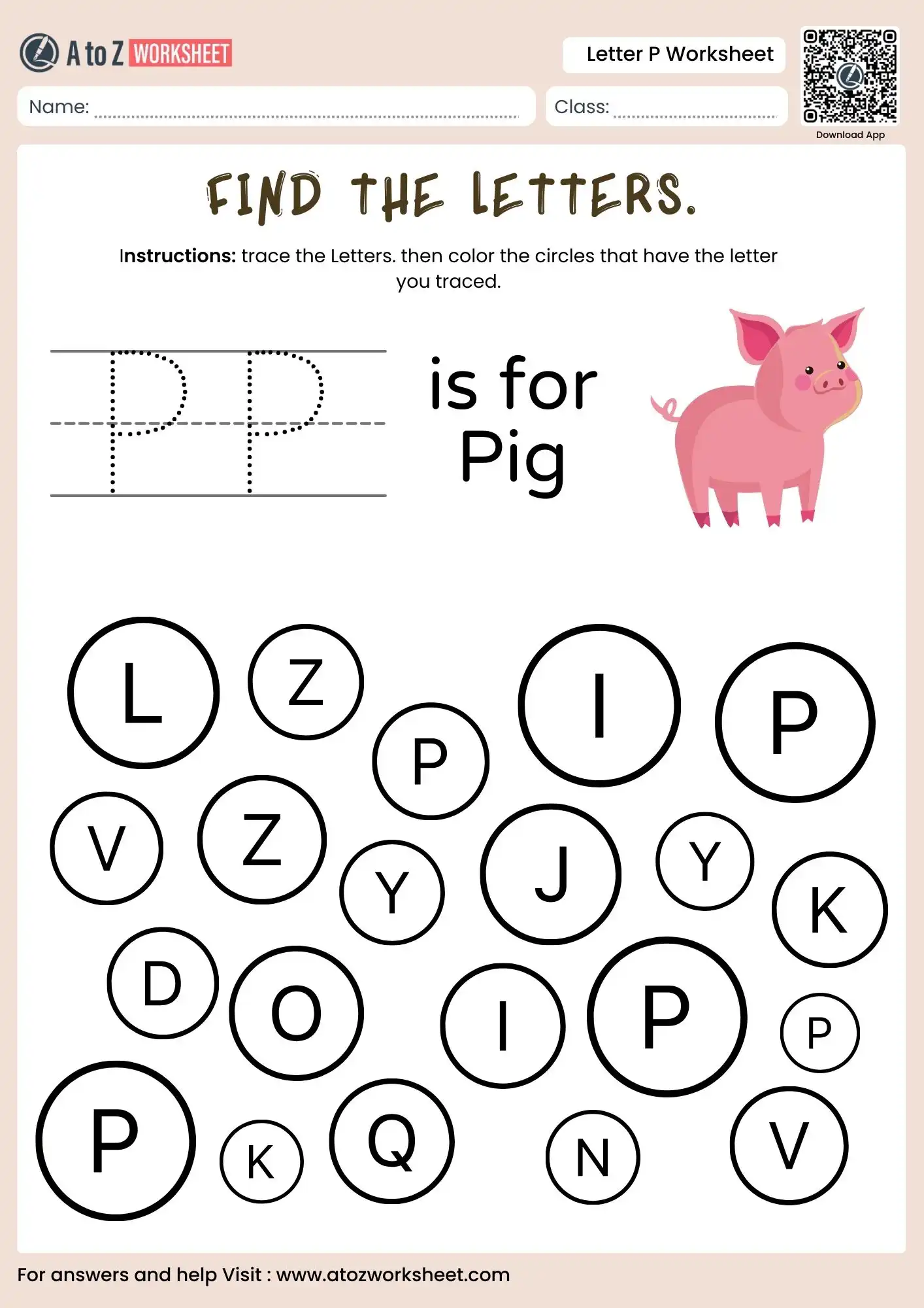 letter p worksheets for finding the letter in a grid with a pizza picture