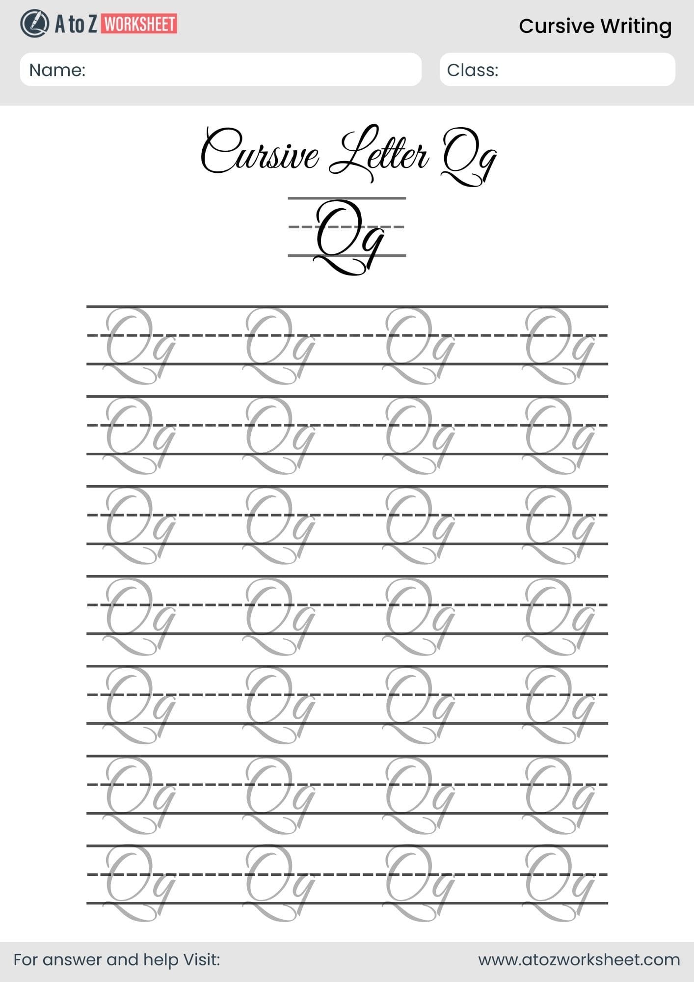 letter q cursive writing a to z worksheets​