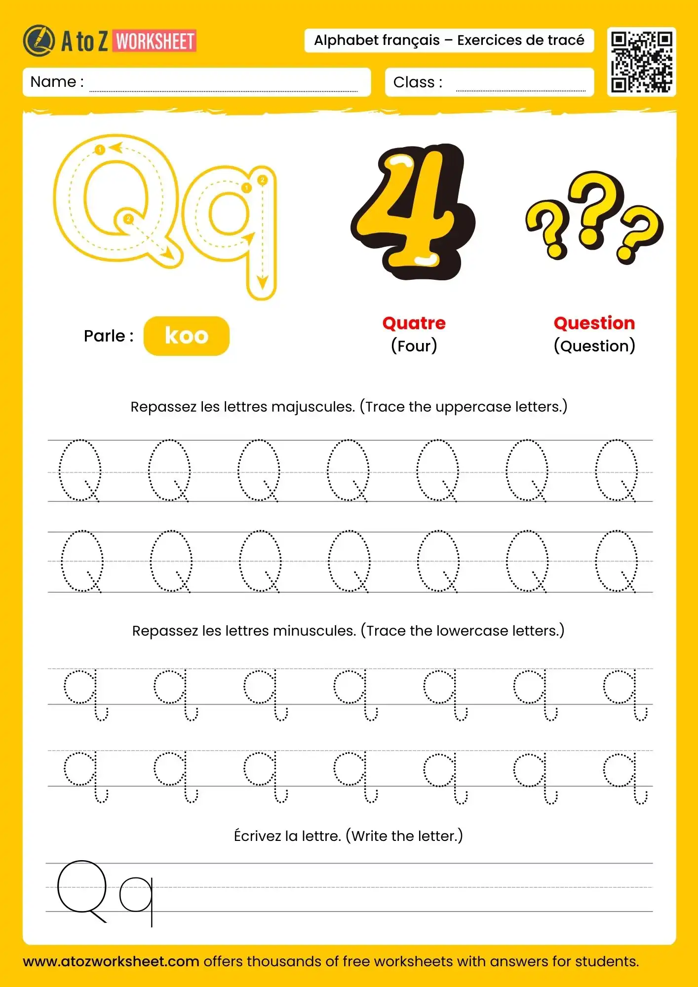 french alphabet tracing worksheets for letter q