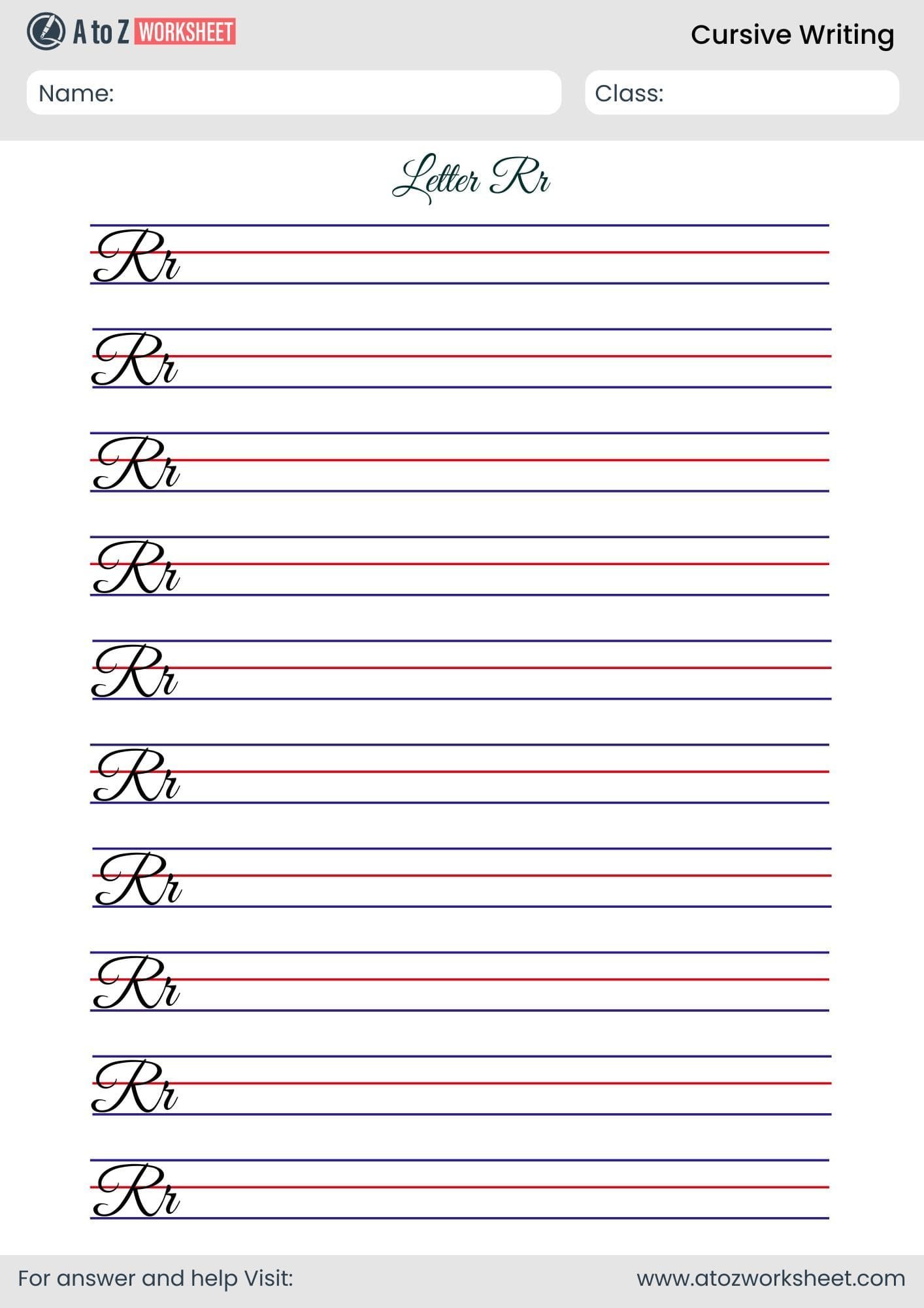 trace letter r cursive writing worksheet