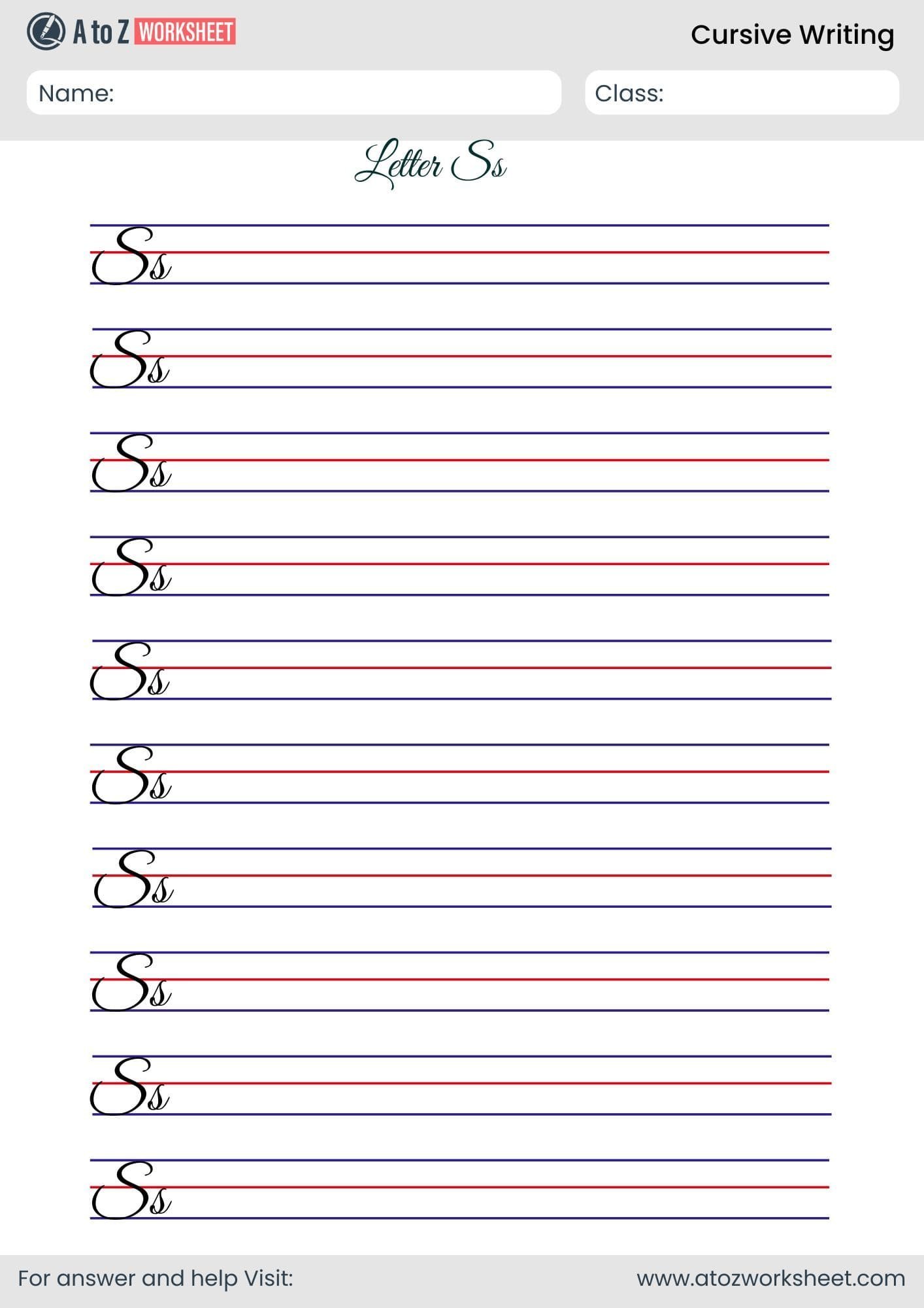 trace letter s cursive writing worksheet
