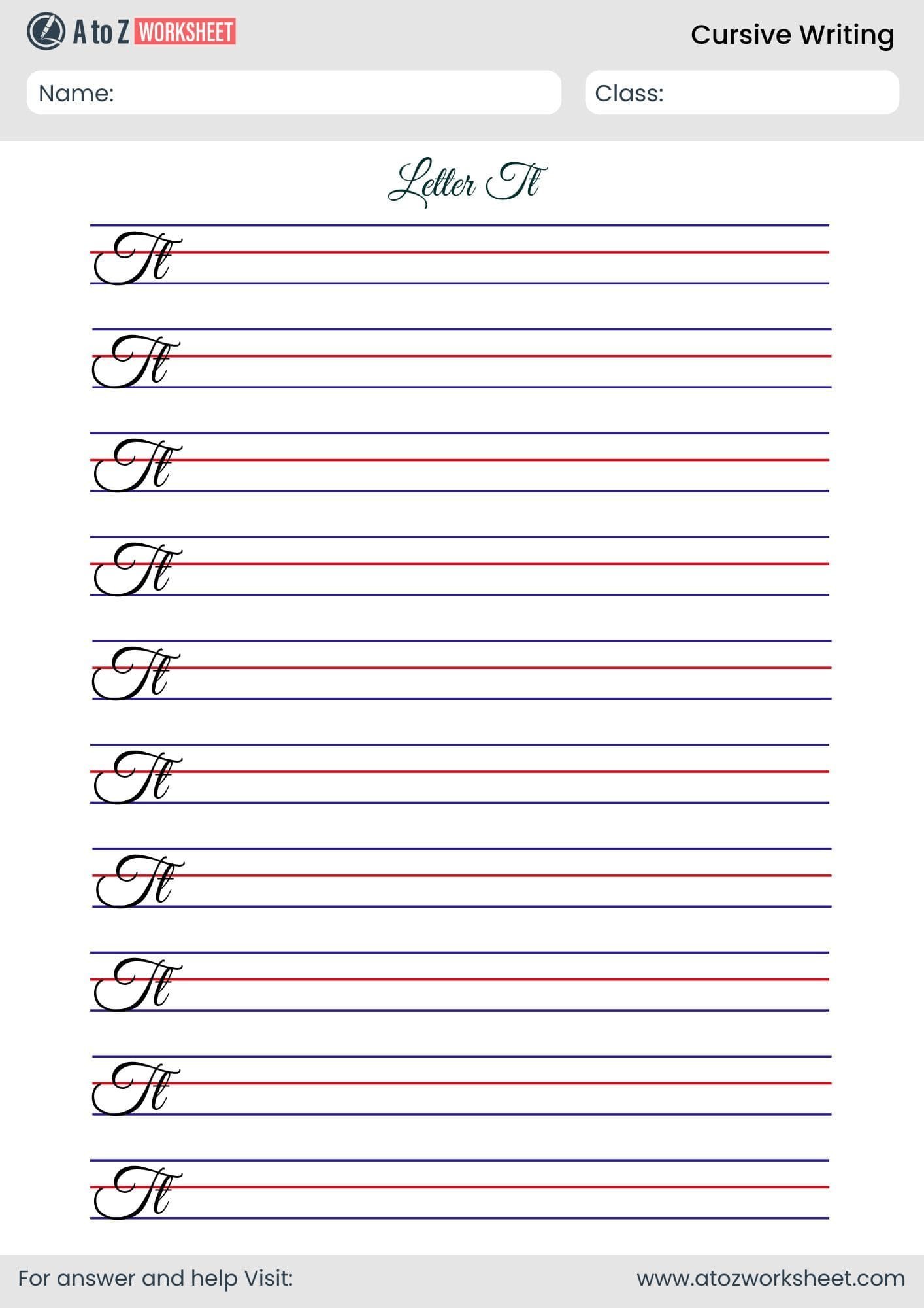 trace letter t cursive writing worksheet