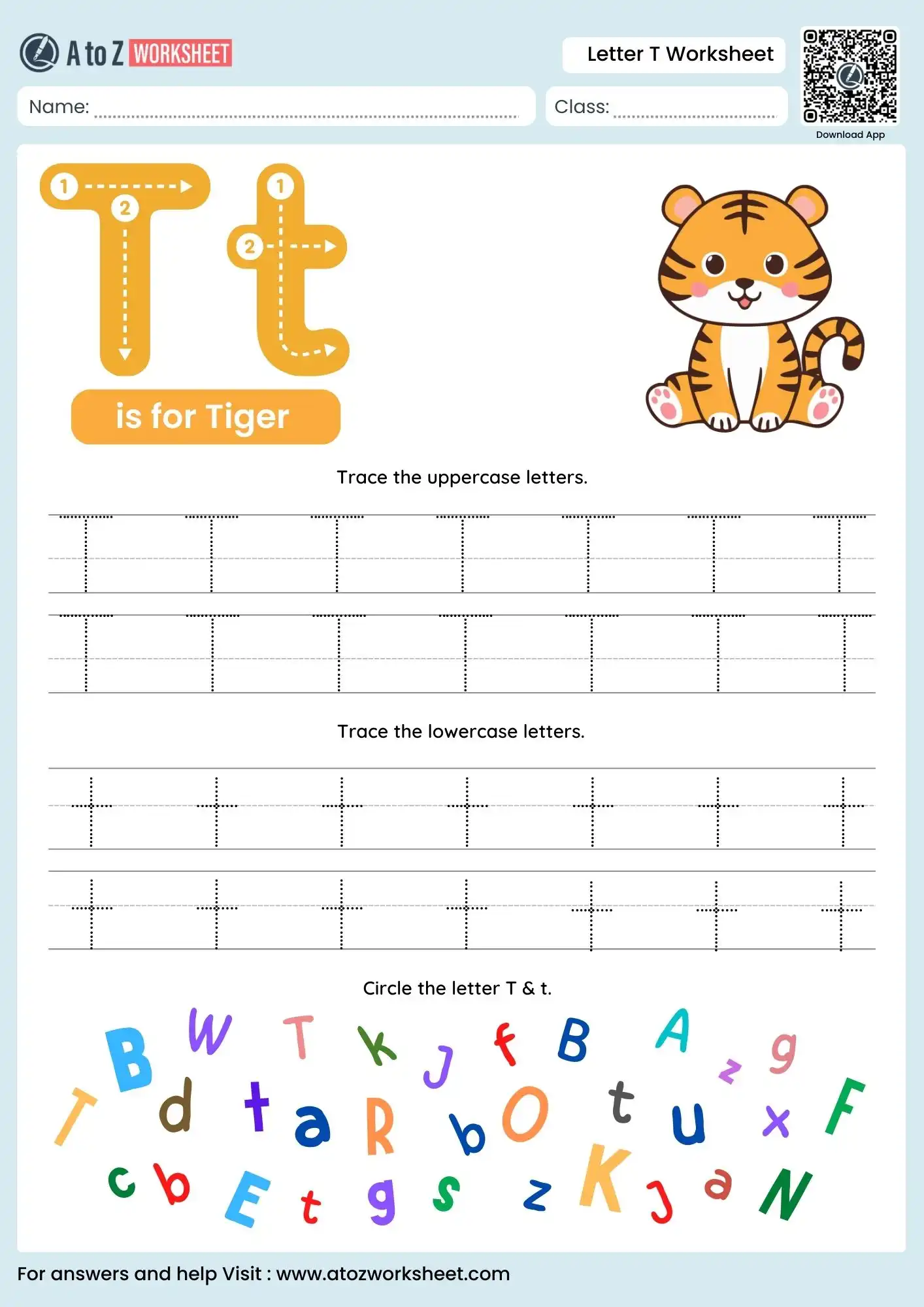 letter t worksheets for kindergarten with tiger and alphabet search