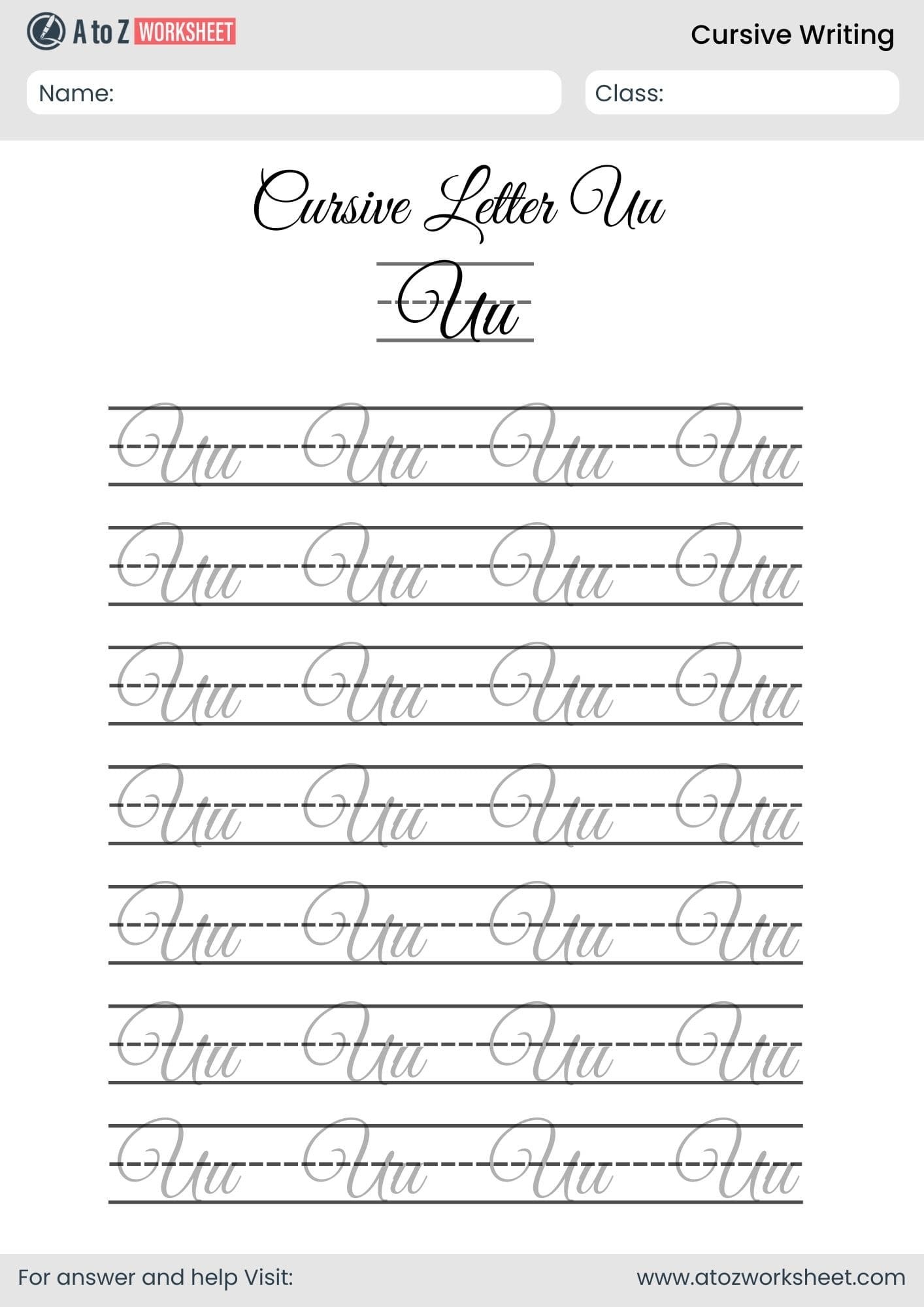 letter u cursive writing a to z worksheets​