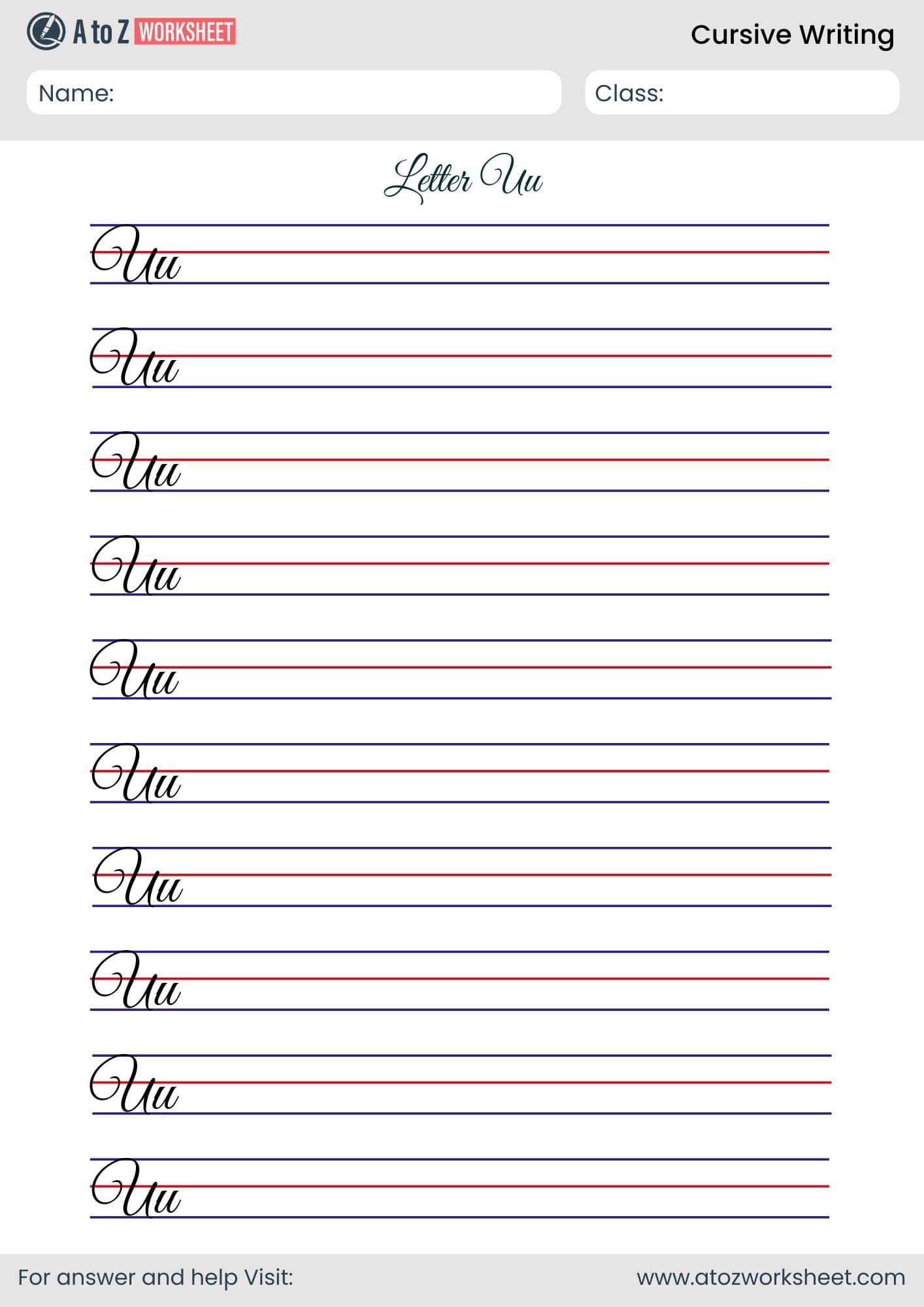 trace letter u cursive writing worksheet