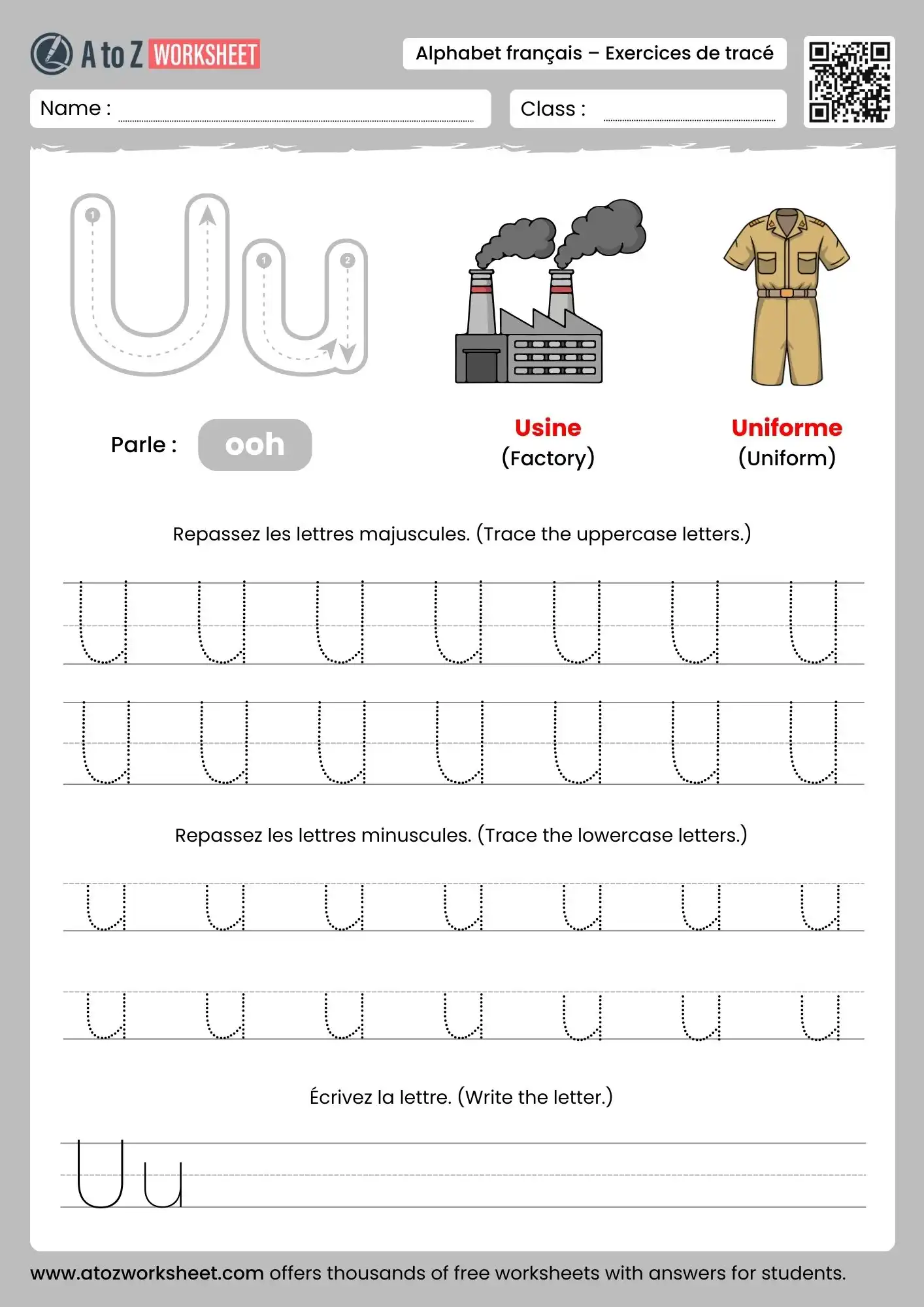 french alphabet tracing worksheets for letter u