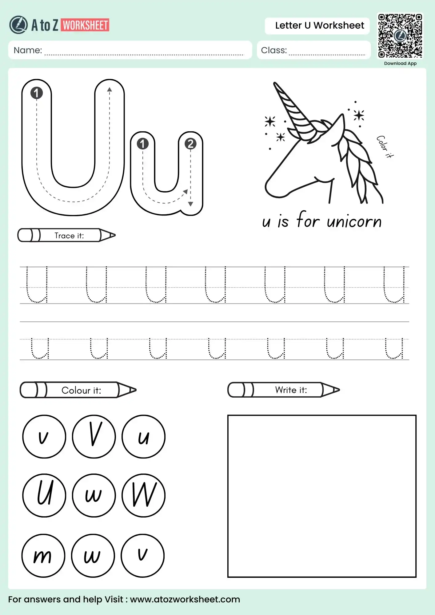 letter u worksheets for preschool focusing on handwriting with unicorn pictures